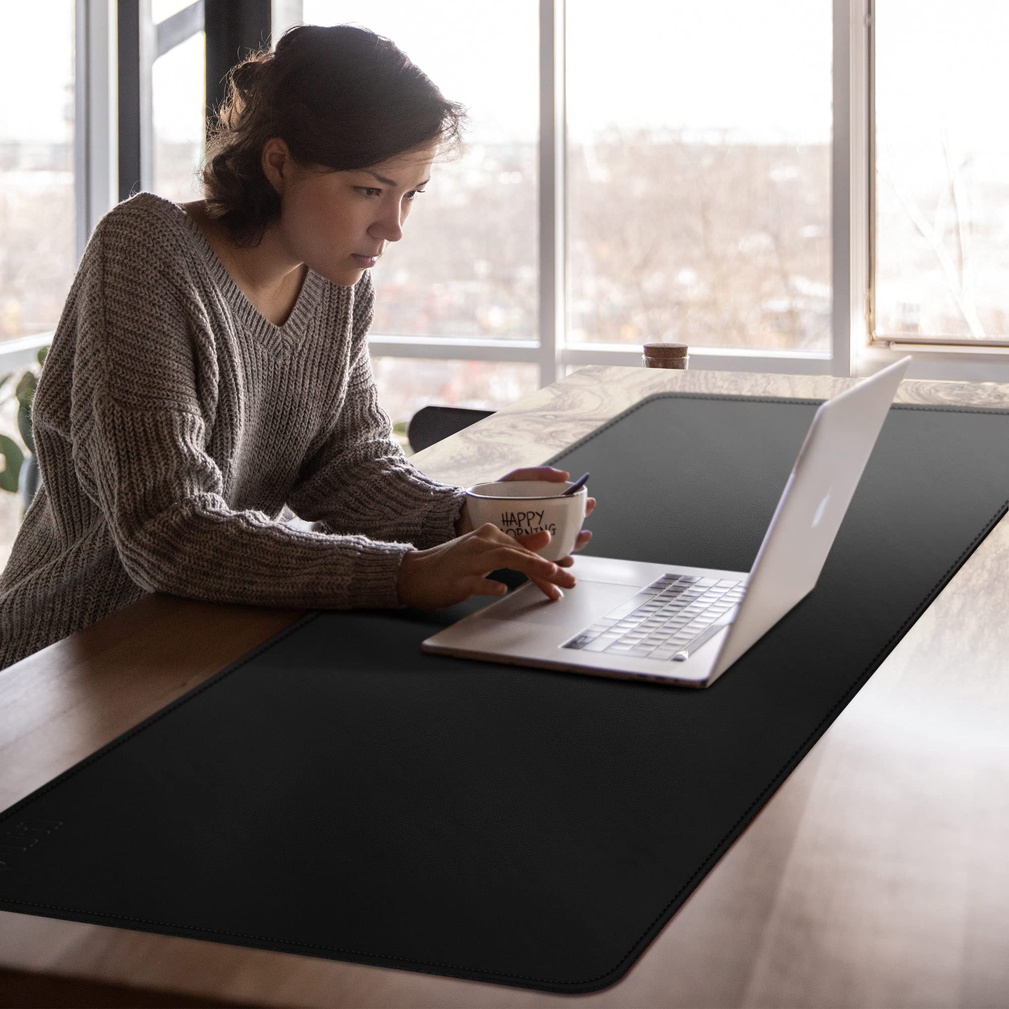 Cacoy Leather Desk Pad, 59" x 19.7" Large Dual Sided Desk Blotter Protector 150x50cm Oversized Mouse Pad (Black)