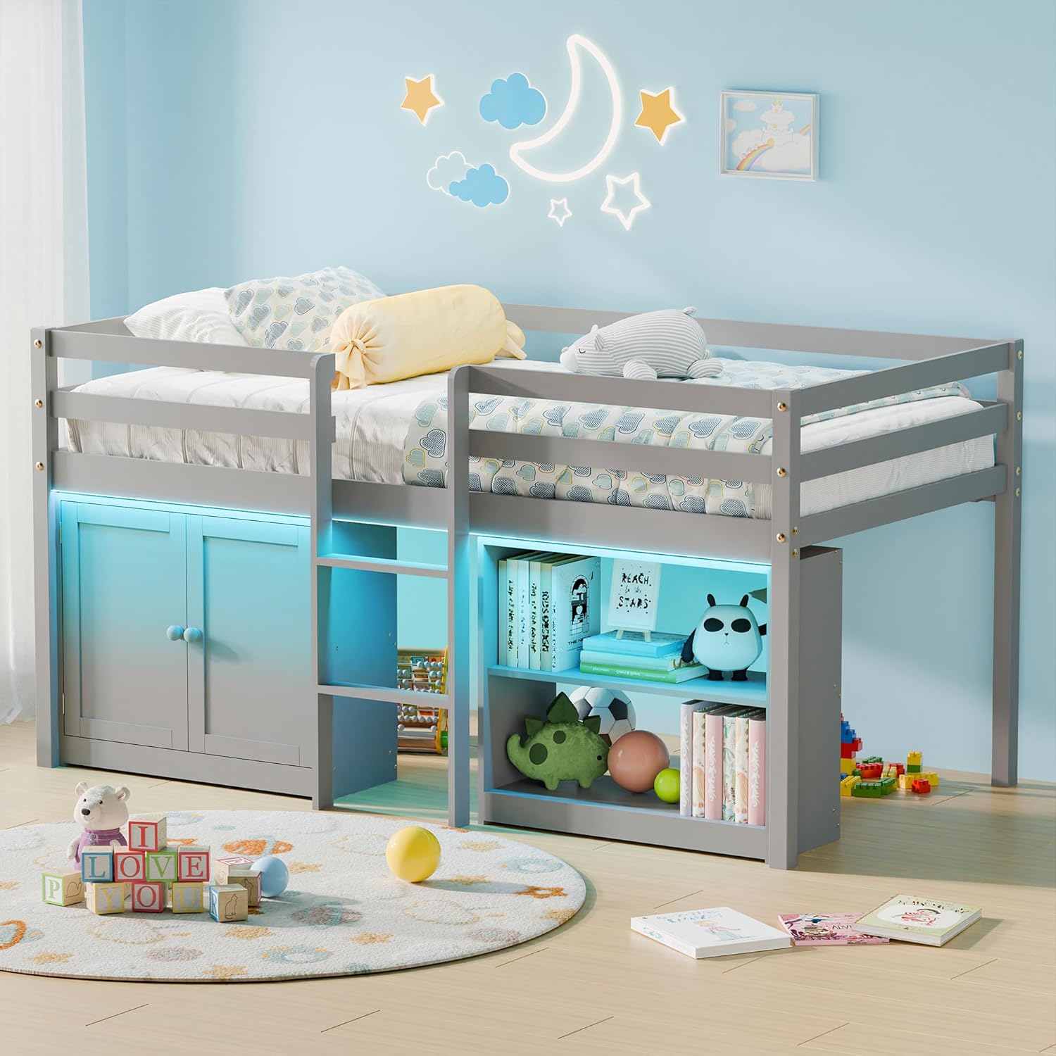 Loft Bed Twin Size, Low Loft Bed with Bookcase and LED Light, Wood Kids Loft Bed with 14" H Safety Guardrail, Under-Bed Play Space, Loft Beds for Kids with Storage, No Box Spring Needed (Grey)