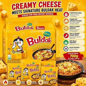 Buldak Noodles Cheese Spicy Chicken Flavor Ramen 10 Pack - Ramen Instant Noodles Excellent for Snack and Soups