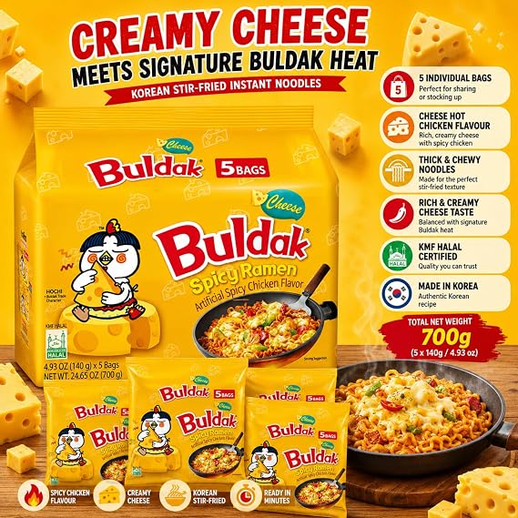 Buldak Noodles Cheese Spicy Chicken Flavor Ramen 10 Pack - Ramen Instant Noodles Excellent for Snack and Soups
