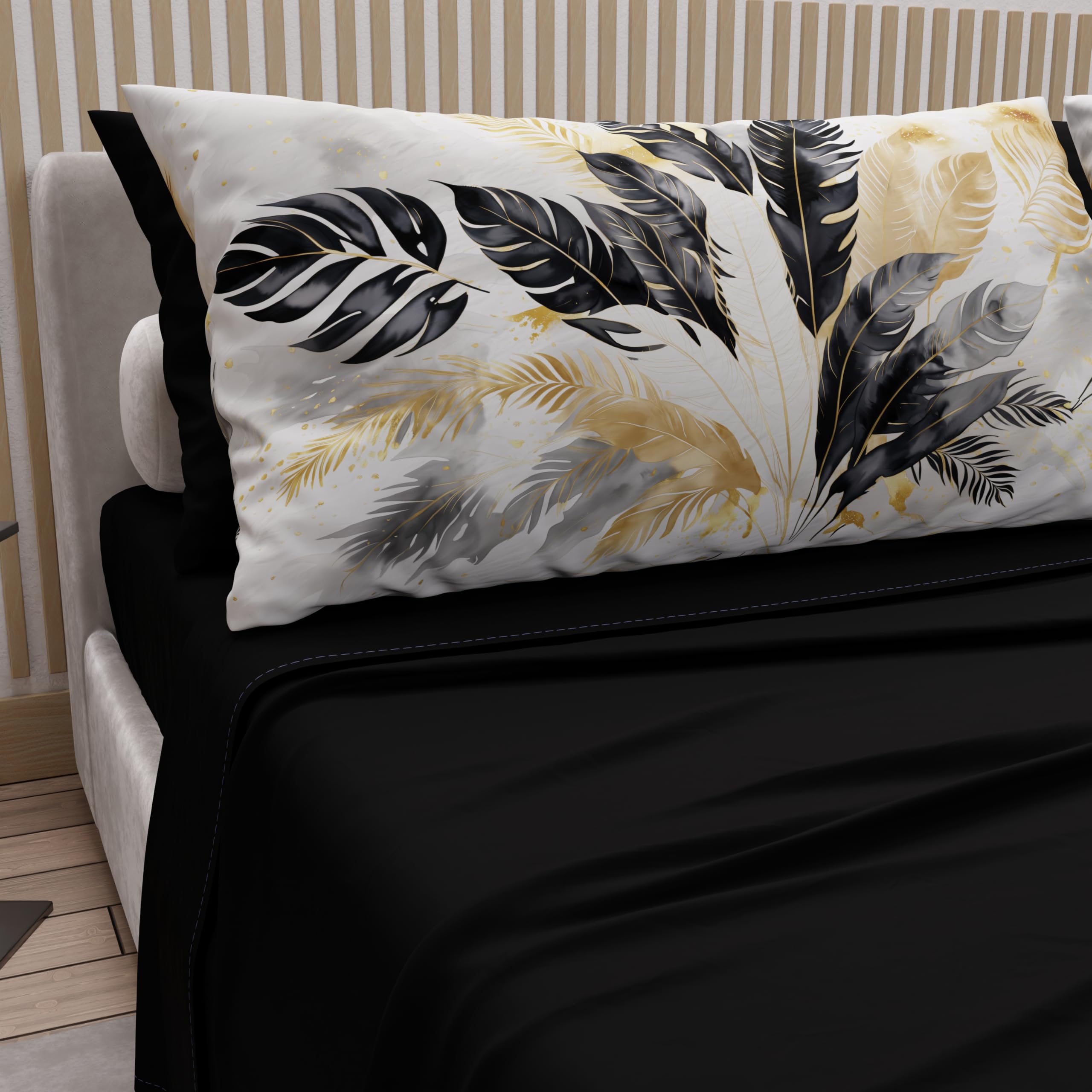 PETTI Artigiani Italiani - Double Bed Sheets Cotton with Pillowcases in Digital Print, Double Bed Sheet, Black Palm Pattern, 100% Made in Italy