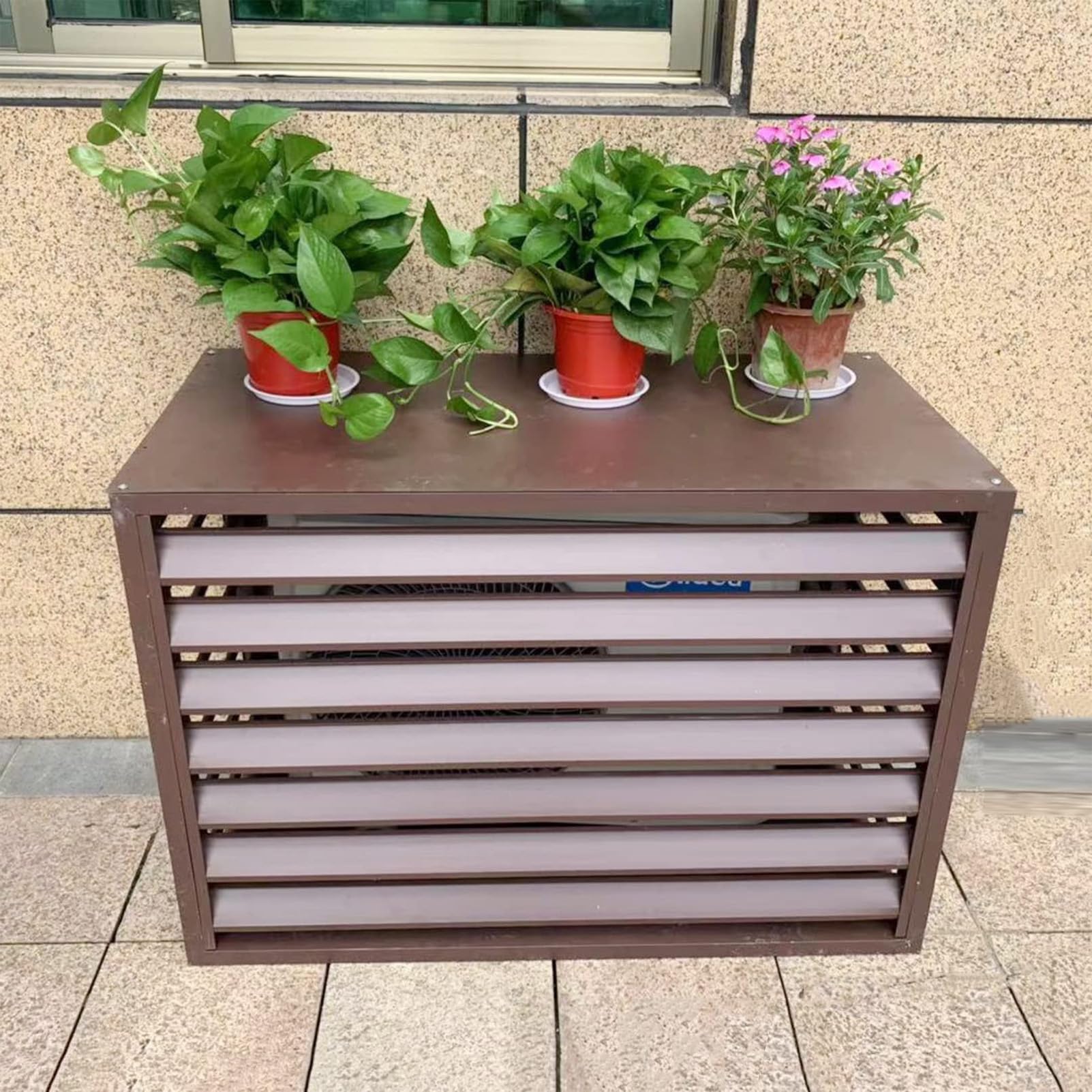 Mini dzielona osłona klimatyzatora 1,5P - zewnętrzny aluminiowy klimatyzator z górną pokrywą, ochrona pompy ciepła, redukcja hałasu, brązowy płaski dach, idealny do roślin i półek