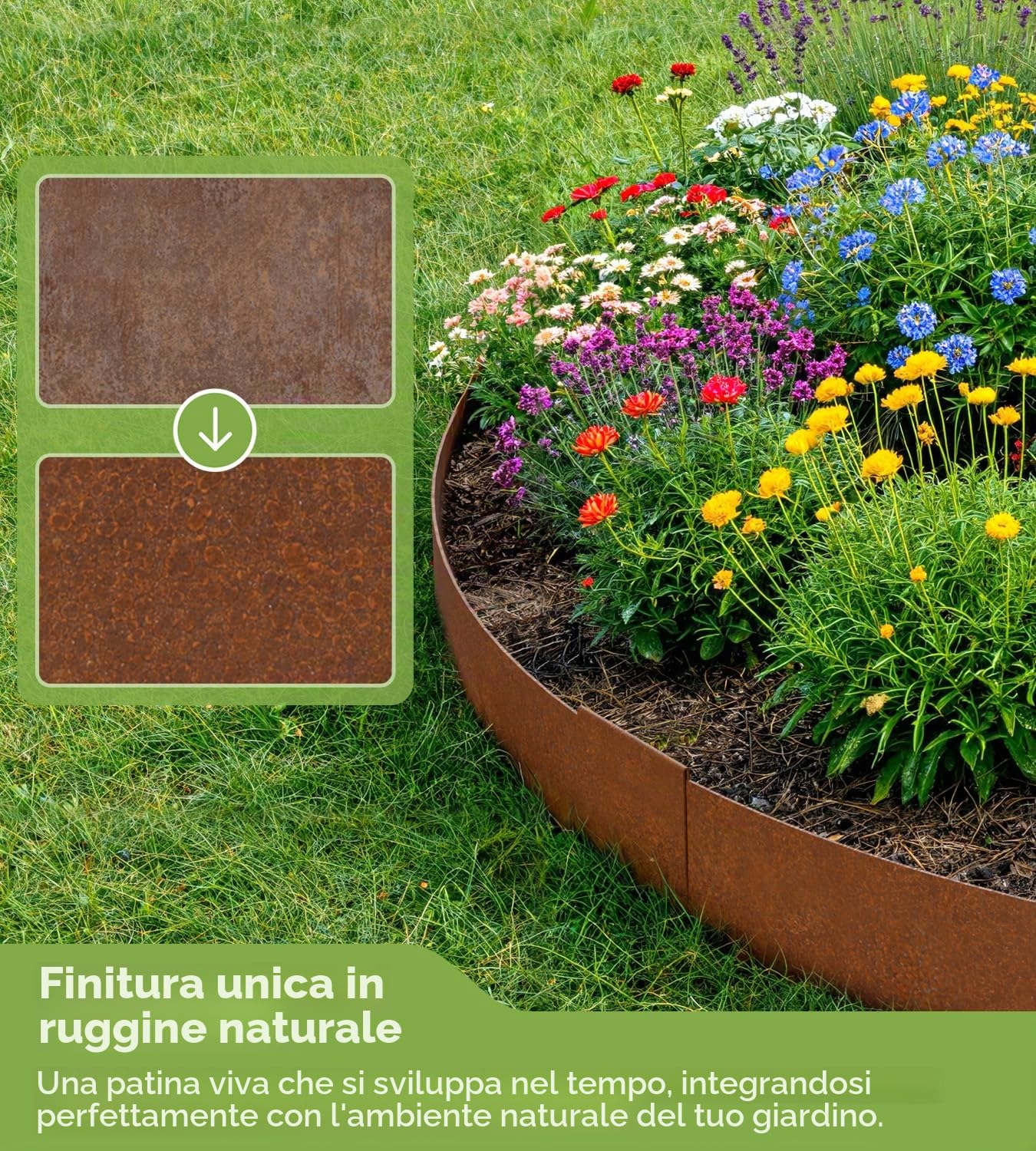 Bordo per prato in acciaio corten, 10 m, bordatura per aiuole in metallo, altezza 15 cm, spessore 0,6 mm, bordo flessibile per aiuole con effetto ruggine, include un paio di guanti e un connettore in