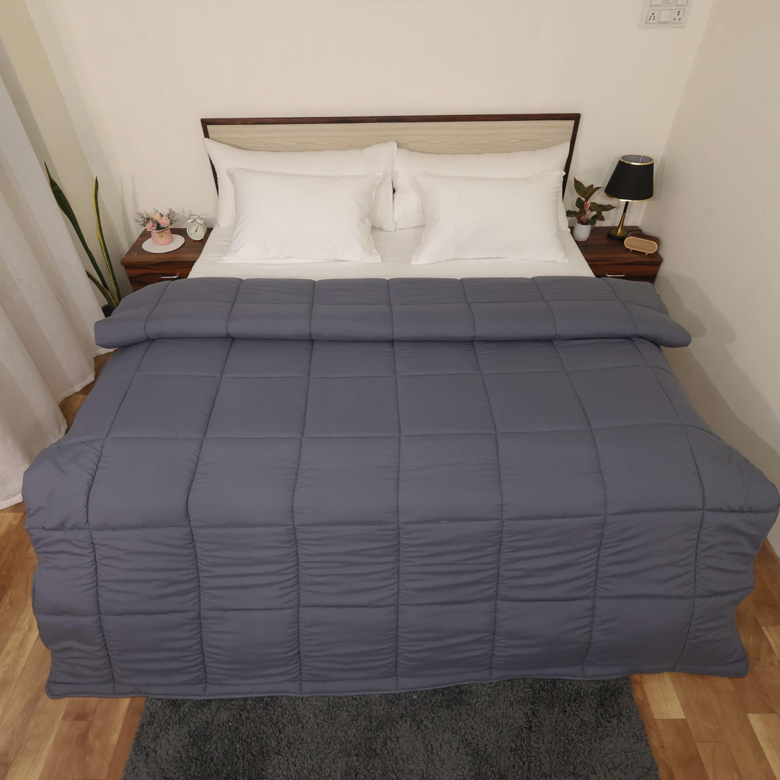 ARLinen Microfibre Quilt, Rajai Double Bed Comforter Blanket, Super Soft Heavy Double Bed Blanket for Winter Quilt, Duvet for All Season, Dark Grey Solid| TC - 400