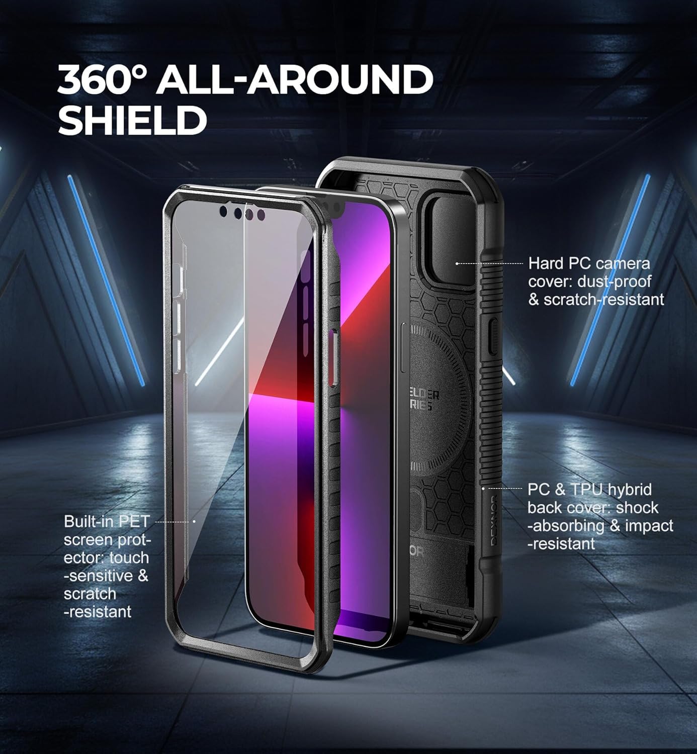 Dexnor for iPhone 13 Pro Max Case with Camera Cover, Compatible with MagSafe, Built-in Screen Protector, Heavy-Duty Shockproof Full-Body Rugged Protective Magnetic Cover with Kickstand, Black - Image 7