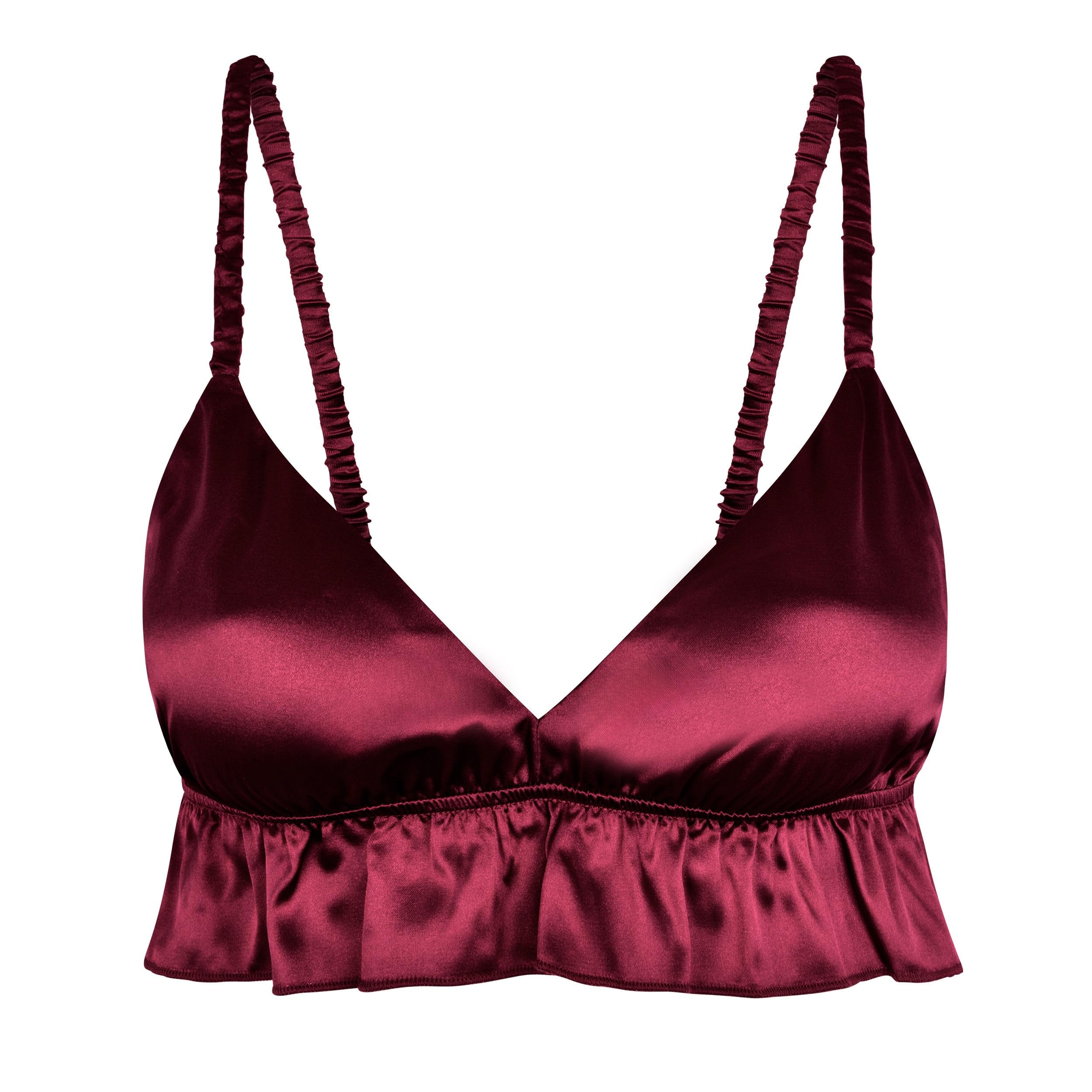 Satini Women's Wine Red Sissy Frilly Ruffled Fitted Silky Satin Lingerie Bralette (, L)