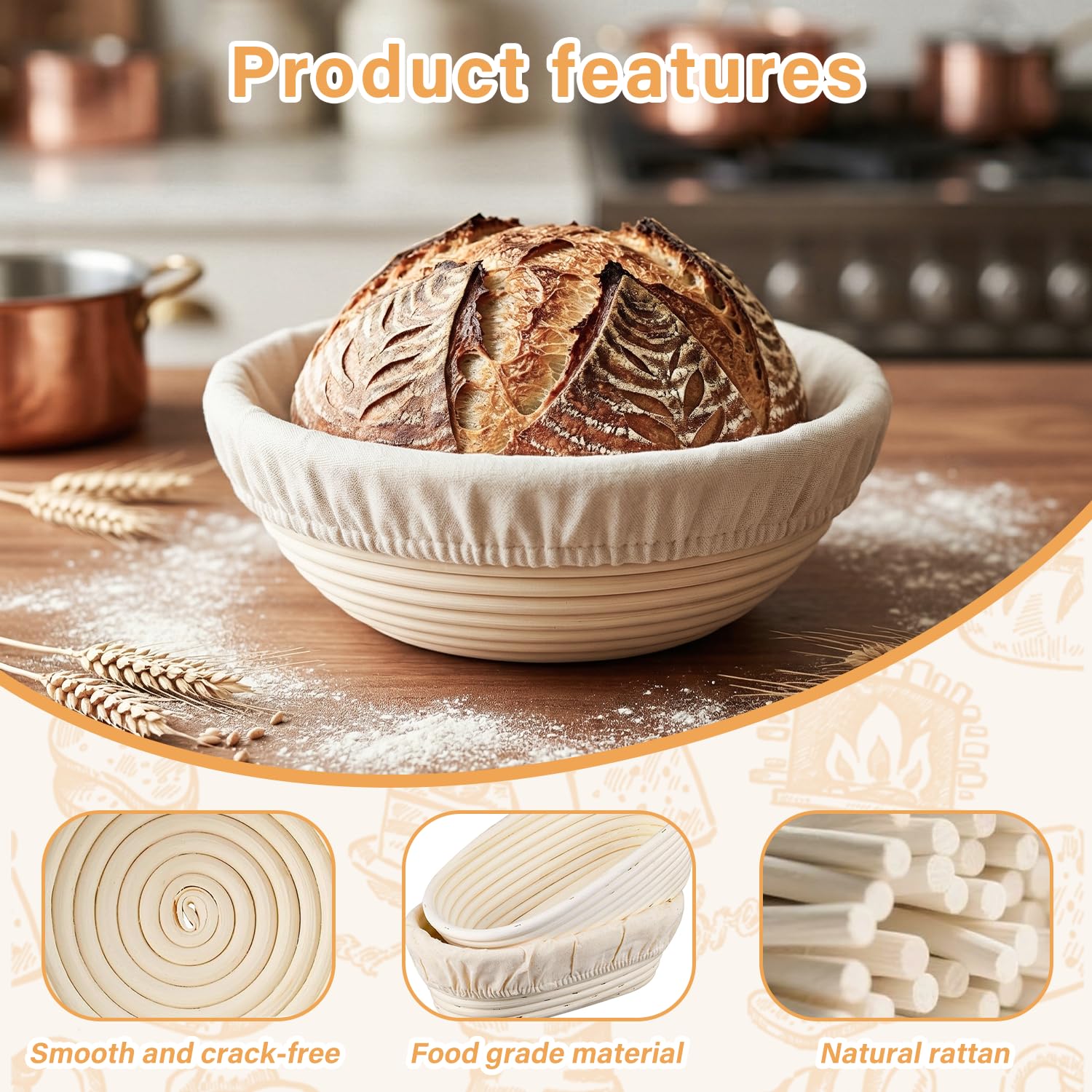 Banneton Pour Pain, Kit Boulangerie Levain, Corbeille a Pain en Rotin Naturel 23 cm Rond et 25 cm Ovale, Panier Fermentation Pain set pour les Débutants et Professionnels