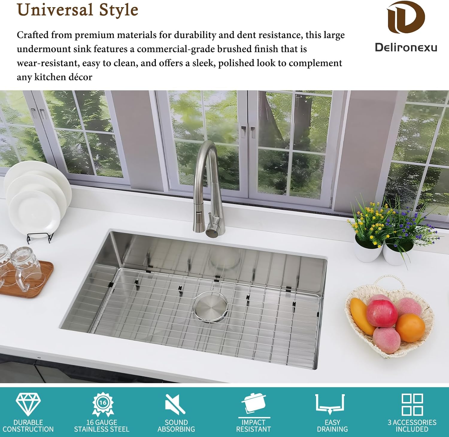 33 inch undermount kitchen sink – delironexu 16 gauge stainless steel sink, single bowl kitchen sinks undermount, 33x19 kitchen sink with bottom grid, drain & towel stainless steel 33x19x9 undermount