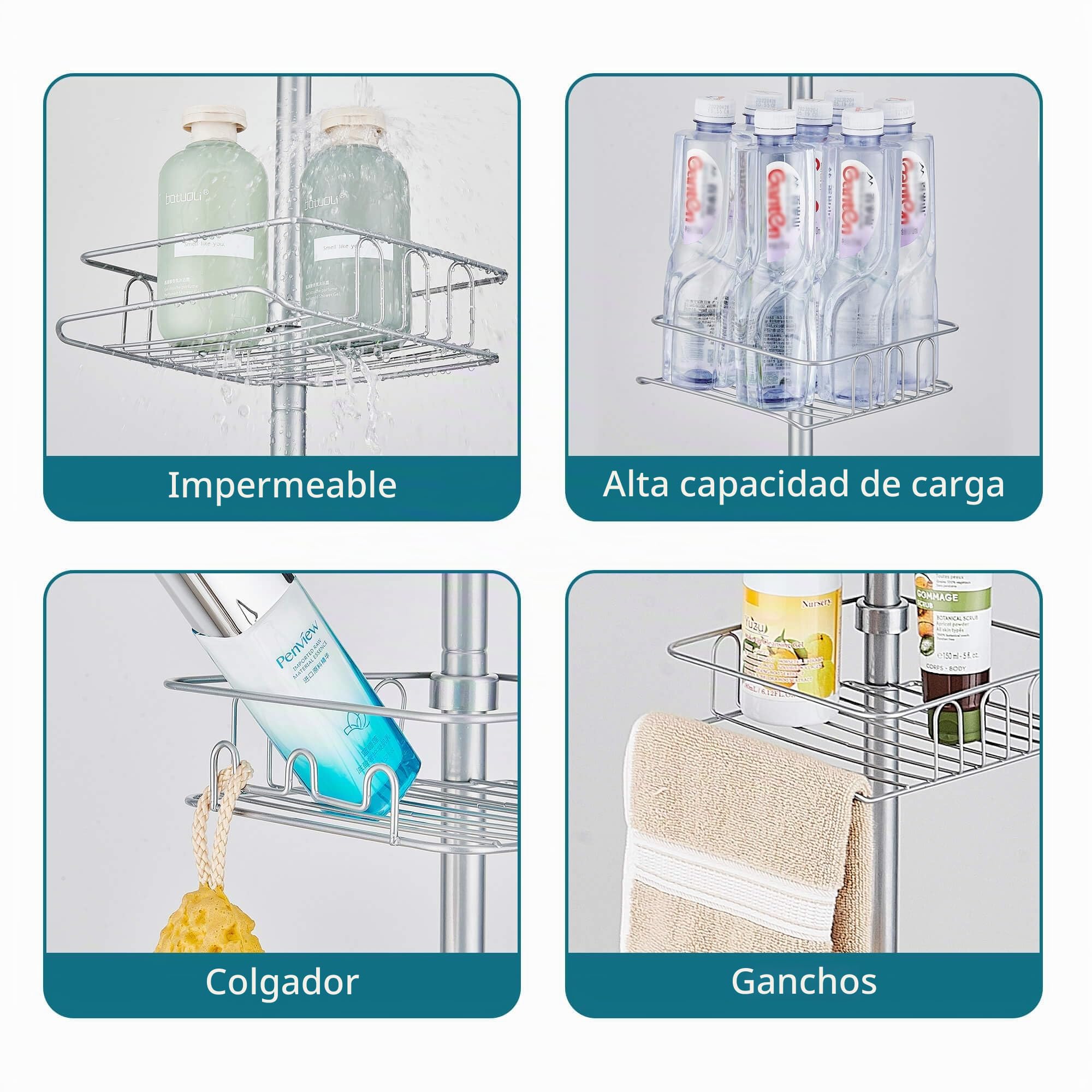 Telescopica Estanteria Ducha sin Taladro, Estantería Baño Acero Inoxidable con 4 Cestas, Esquina Estante Ducha para Bañera y Baño Altura Ajustable 73-302cm, Plateado
