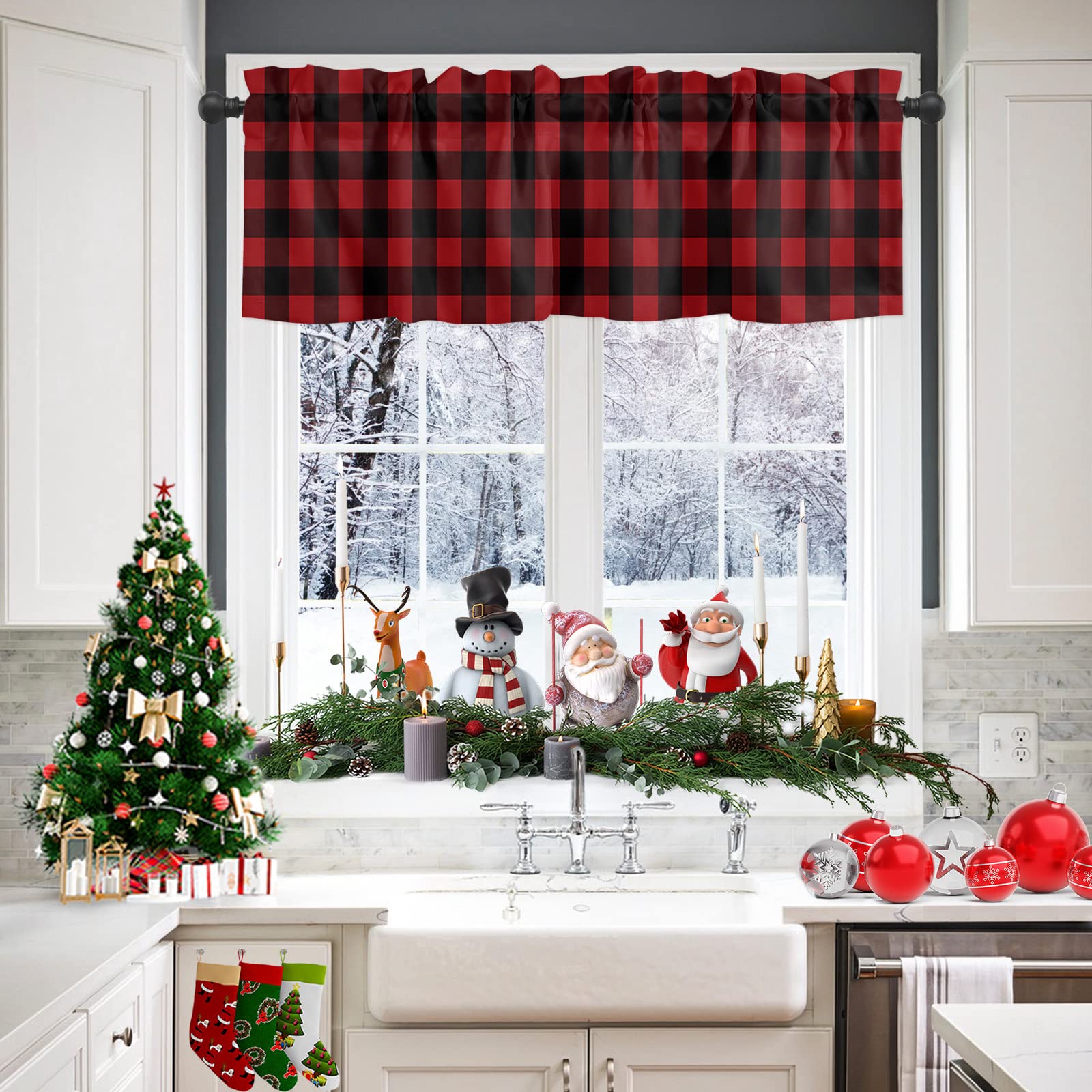 Homechoid Red and Black Buffalo Check Curtain Valance for Windows/Living Room/Kitchen/Bathroom/Farmhouse, Farm Red Lattice Short Rod Pocket Tier Curtain Plaid Window Curtain Treatment, 1 Panel 60x18
