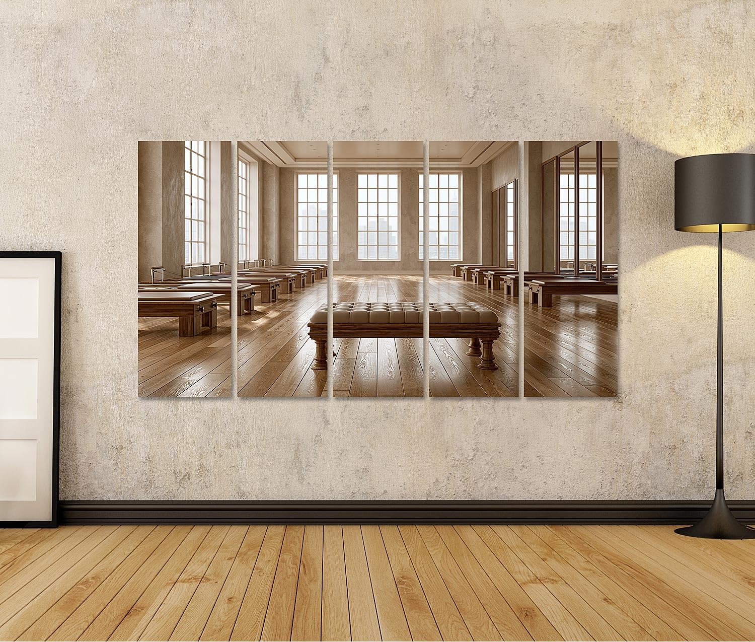 islandburner Quadro su tela, elegante studio di pilates per gli appassionati di fitness in soggiorno o palestra, 5 pezzi, XXL