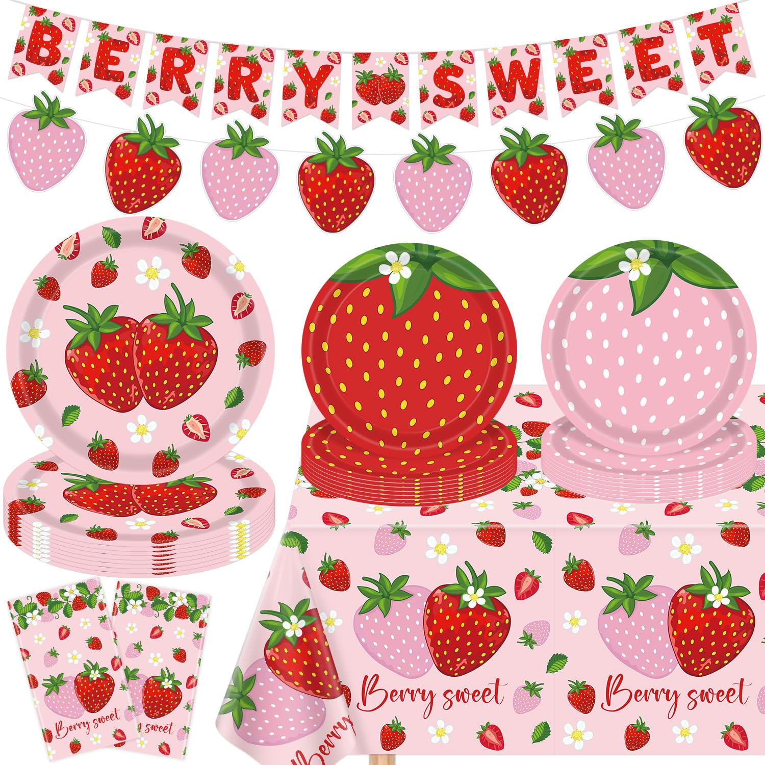 64 PCS Berry First Birthday Decor Strawberry 1st Birthday Party Plate Strawberry Theme Party Tableware Set Berry Sweet Tablecloth 51x86IN Banner for Girls Fruit 1st Baby Shower Supply Serves 30