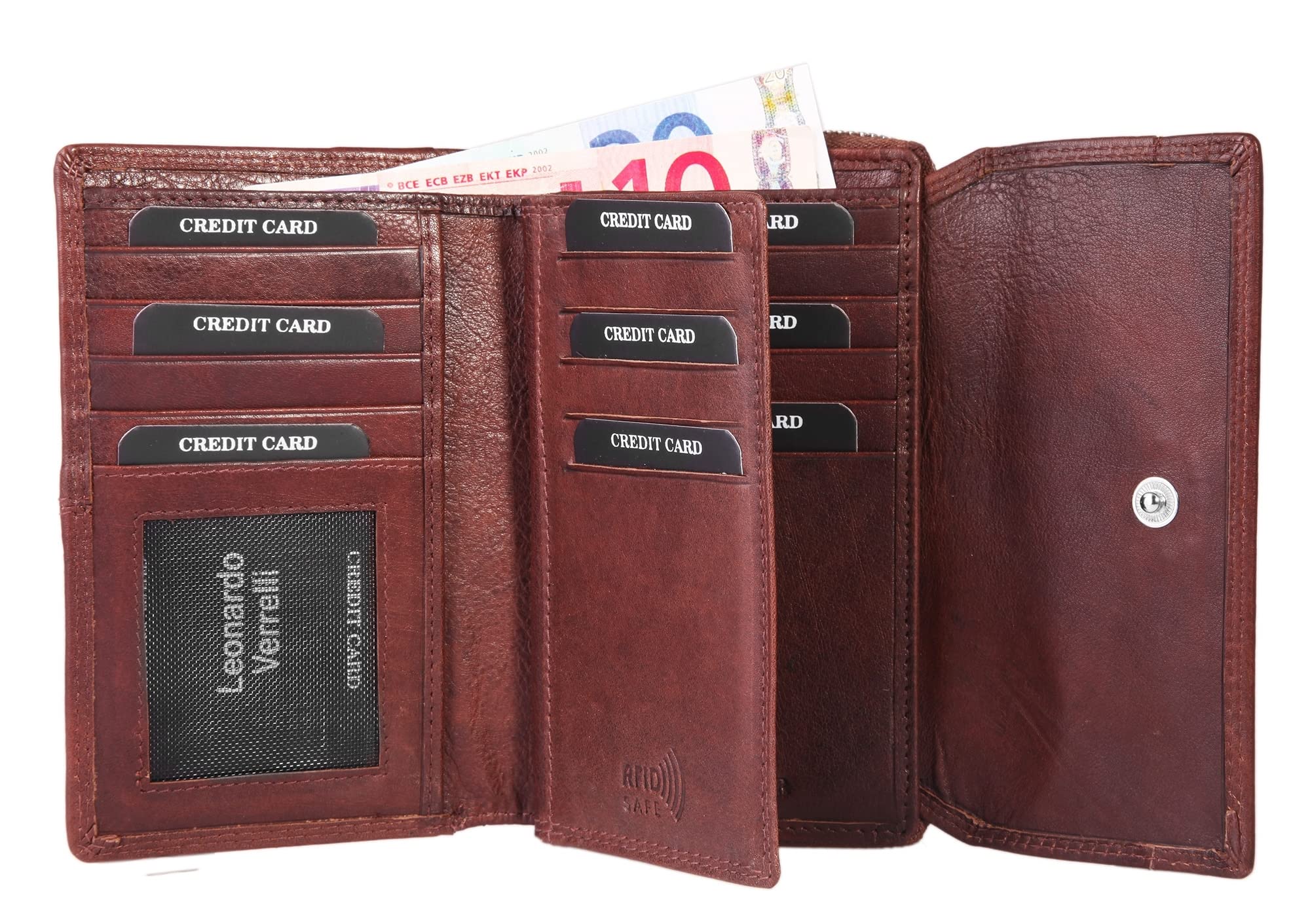 Portfel damski z prawdziwej skóry, zabezpieczenie RFID, 15x10cm - 3000096, brązowy, 15x10, Klasyczny