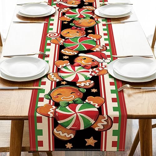 Miniatura 1 de Seliem Camino de mesa navideño de hombre de jengibre, caramelo de menta navideña, galletas, rayas rojas y verdes, decoración de mesa de comedor,