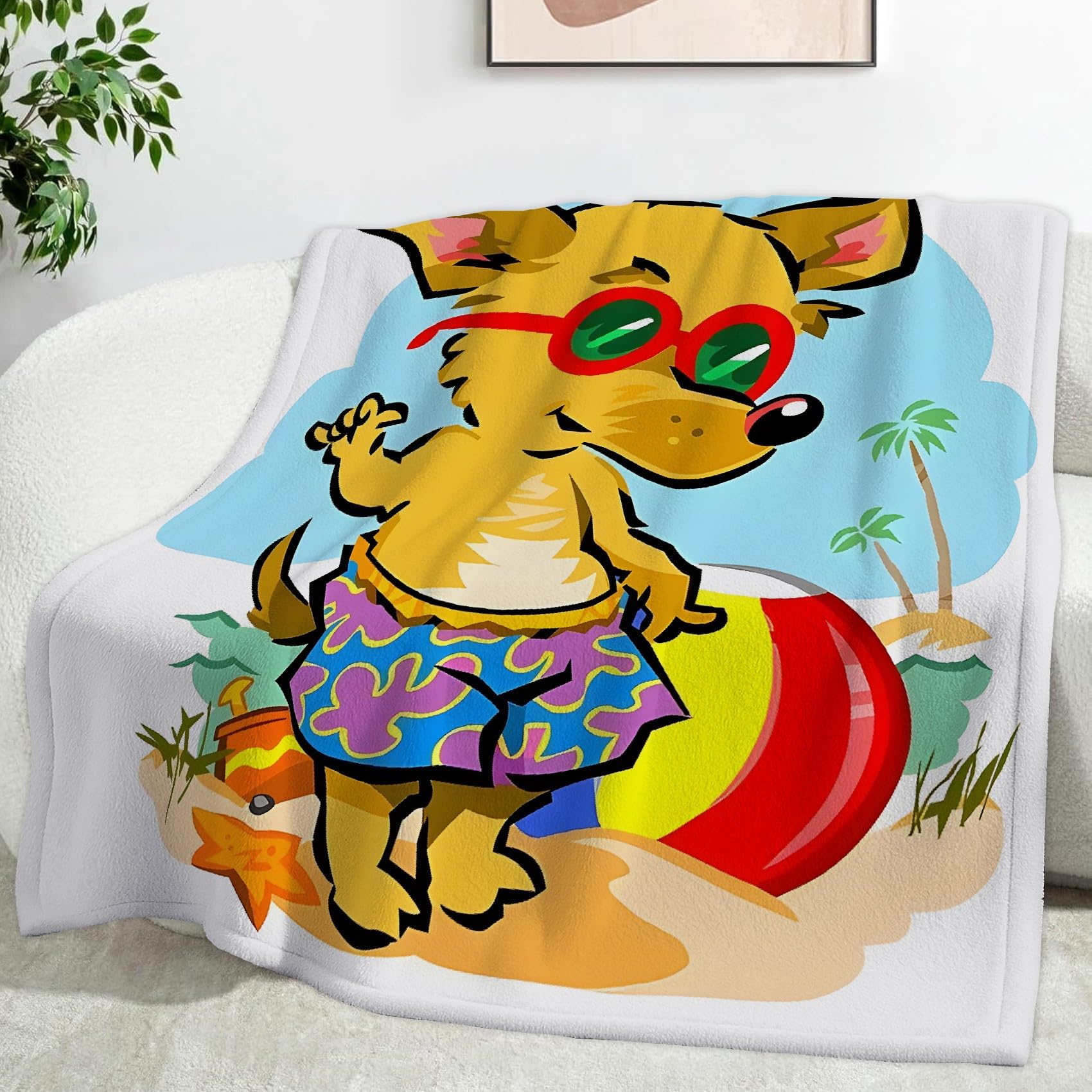 Ypthriline Beach Chihuahua Blanket, Cartoon Chihuahua Microfiber Flannel Throw Blanket, Comfortable Soft Fluffy and Warm, Blankets for Beds, Sofas and Recliners, 230×270 CM