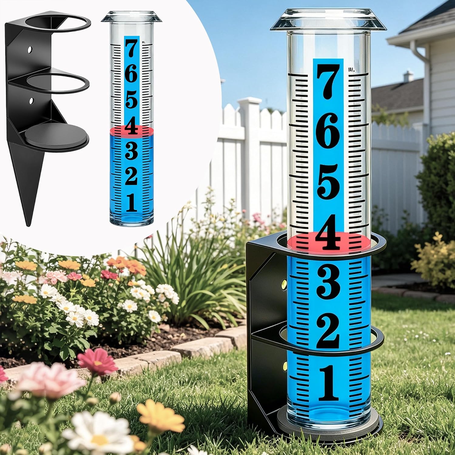 JMBay Rain Gauge Outdoor,7" Rain Gauges Outdoors Best Rated with Metal Rack Holder, Freeze Proof Rain Measure Gauge, Easy to Read with Red Float, Large Font Plastic Replacement Tube for Yard Garden