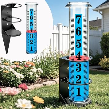 JMBay Rain Gauge Outdoor,7" Rain Gauges Outdoors Best Rated with Metal Rack Holder, Freeze Proof Rain Measure Gauge, Easy to Read with Red Float, Large Font Plastic Replacement Tube for Yard Garden