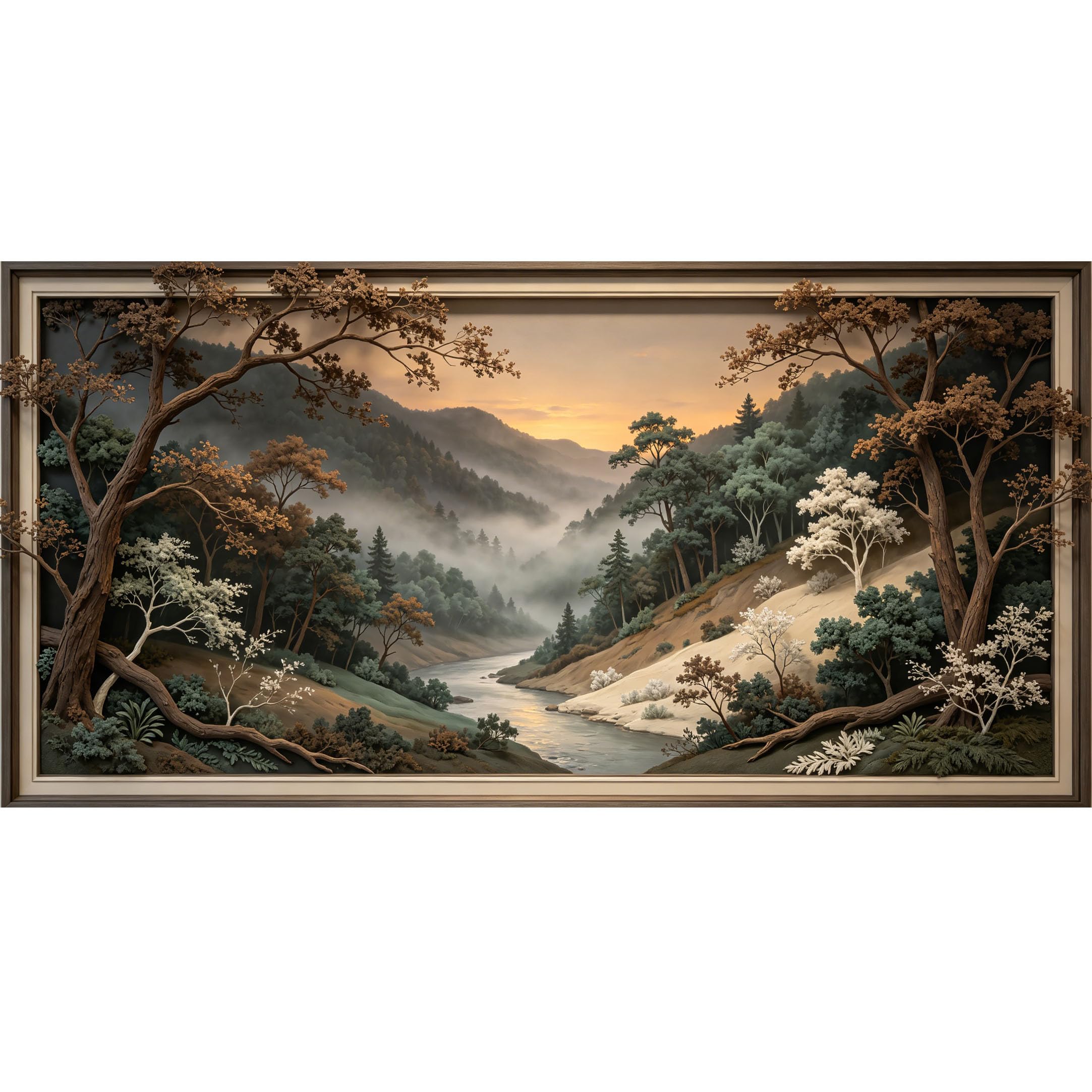 Agglomerix 3D Framed Wall Art Mountain Lake River Mist Forest Landscape Textured Large Size SelfAdhesive Removable Wall Decor Prints Artwork for Living Room Bedroom Office