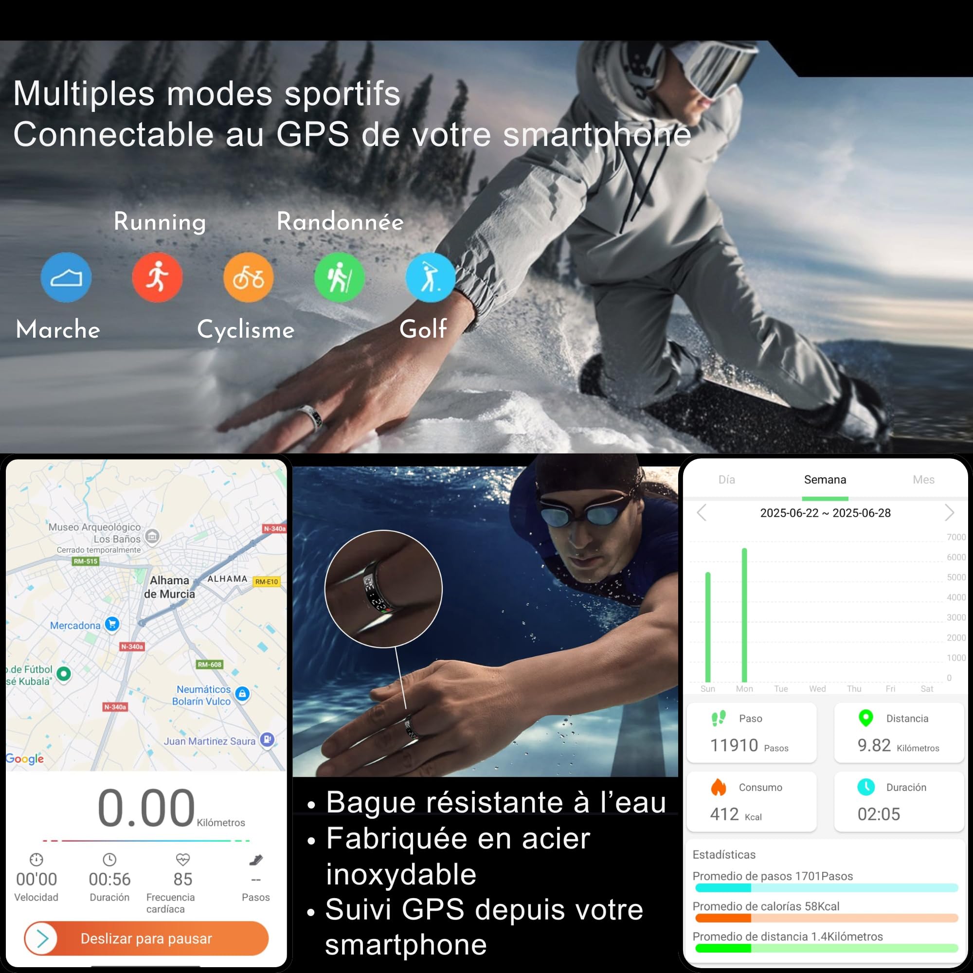 smartia – Bague Intelligente avec écran Tactile, modèle 2026 Application Incluse, Smart Ring Homme et Femme, Bague d’activité et de Suivi de la santé, Surveillance du Sommeil (Noir, 8)