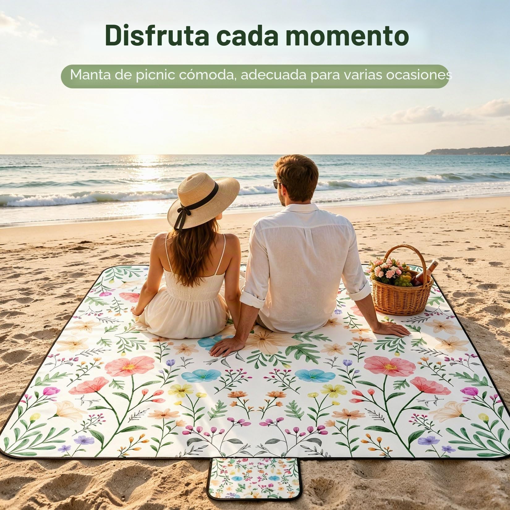 Manta de picnic 200x200 cm, Manta de picnic extra grande impermeable lavable a máquina, alfombra de playa apta para picnic en la playa, camping y jardín (flores)