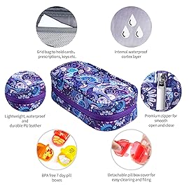 Serfeymi Weekly Travel Pill Organizer 2 Times A Day AM PM Upgraded Rainbow Pill Box 7 Day with Portable Zipper PU Leather Pill Case, Medicine Organizer for Pills, Vitamins, Fish Oils - Purple-01
