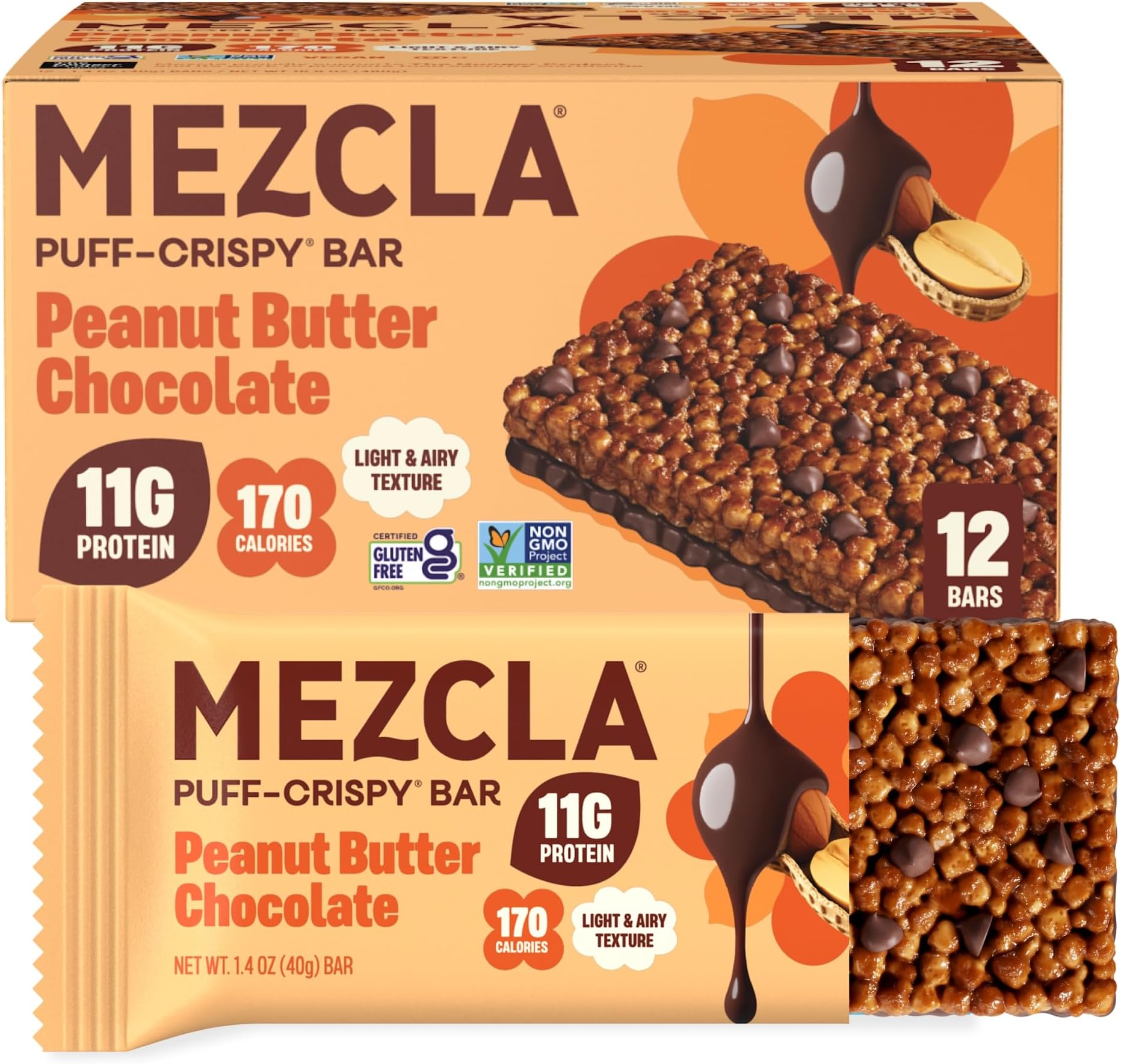 Mezcla Puff-Crispy Plant Based Protein Bars - Peanut Butter Chocolate - Healthy Snacks for Adults & Kids - Perfect School, Travel, & Office Snacks - Gluten Free, Vegan, Non GMO, 10g Protein - 12 Count