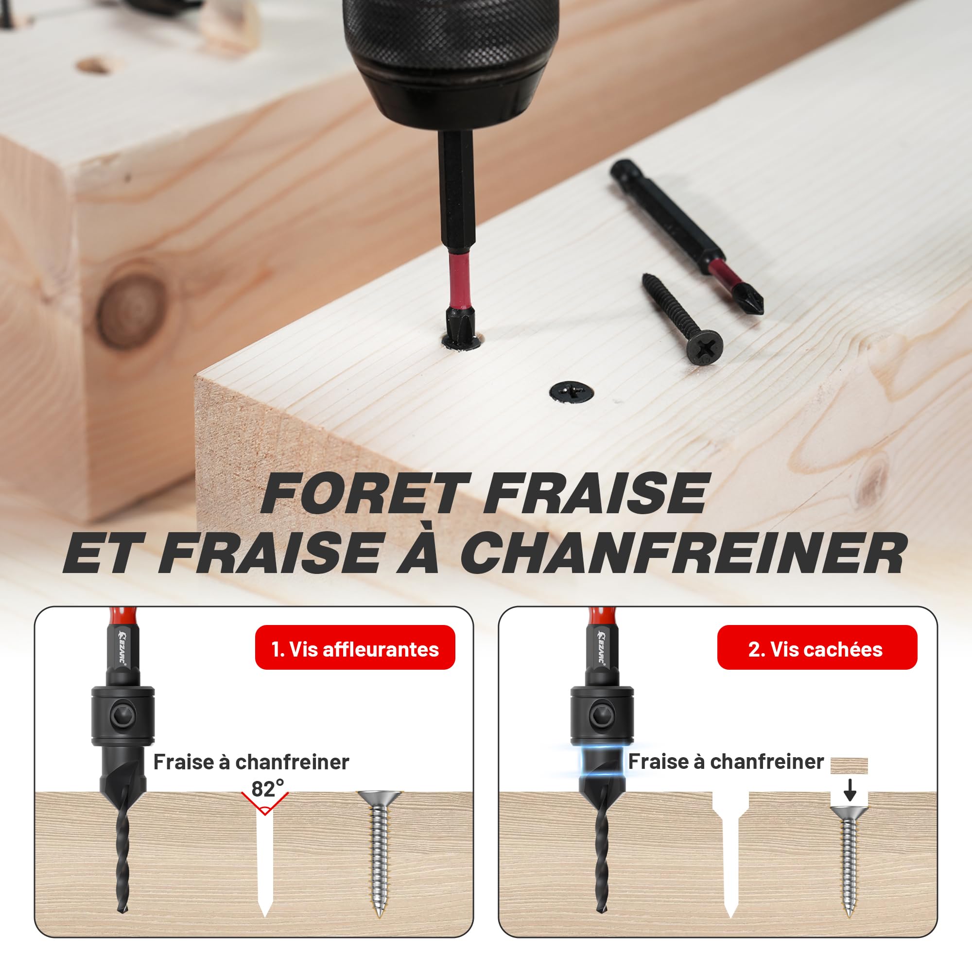 EZARC Ensemble de Forets Coniques, 22 Pièces Forets à Bois avec 2 Coupe-Bouchons en Bois,Porte-Bits à Extension Magnétique,1/4" Tige Hexagonale pour Travail du Bois avec Boîte