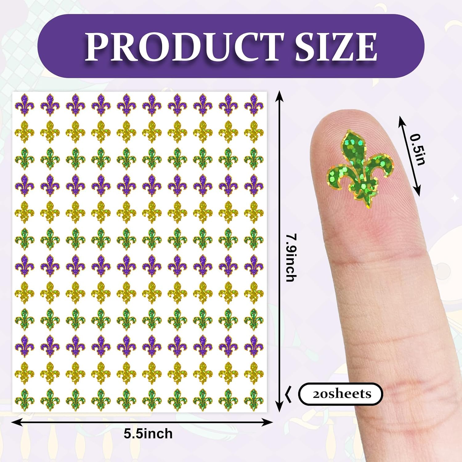 JarThenaAMCS 2400 Pcs Mardi Gras Mini Stickers Purple Yellow Green Sparkly Laser Fleur De Lis Self-Adhesive Sticker Decals for Envelope Journal Decor Carnival Party Supplies, 0.5 Inch