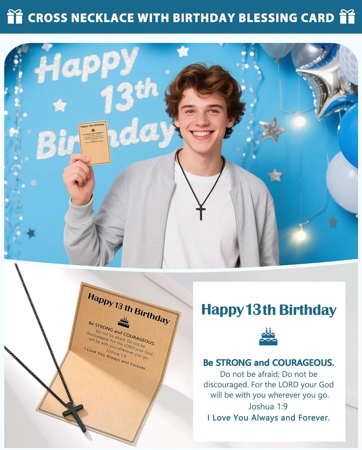 Birthday Gift Black Cross Necklace for Boys 8–21 Years Old with Joshua 1:9 Bible Verse - Image 4
