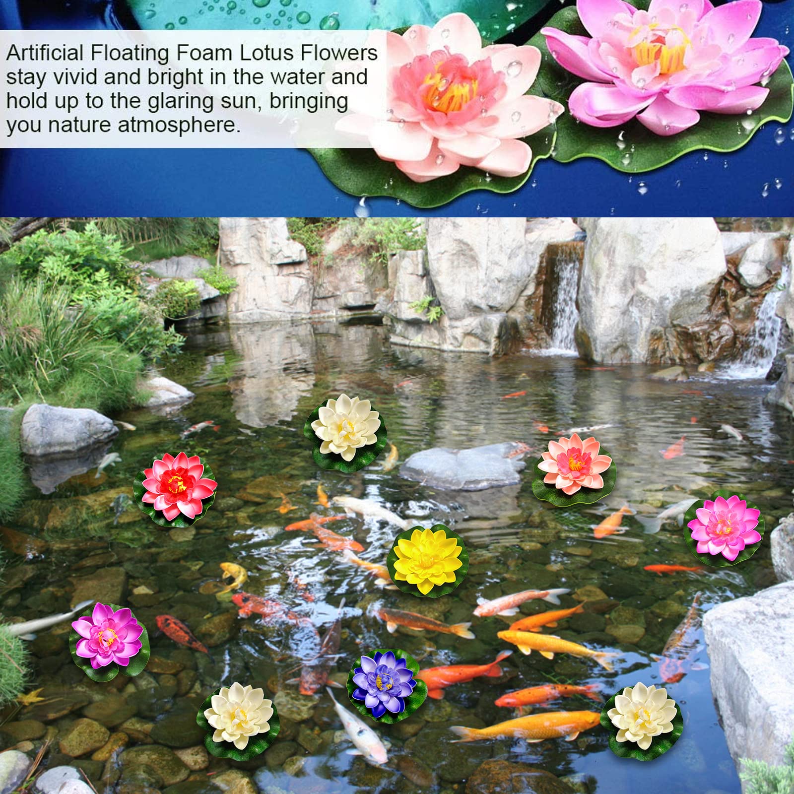 Lot de 6 nénuphars artificiels flottants - Plantes de bassin artificielles - Nénuphars artificiels - Décoration d'étang flottante pour aquarium, terrasse, jardin, étang