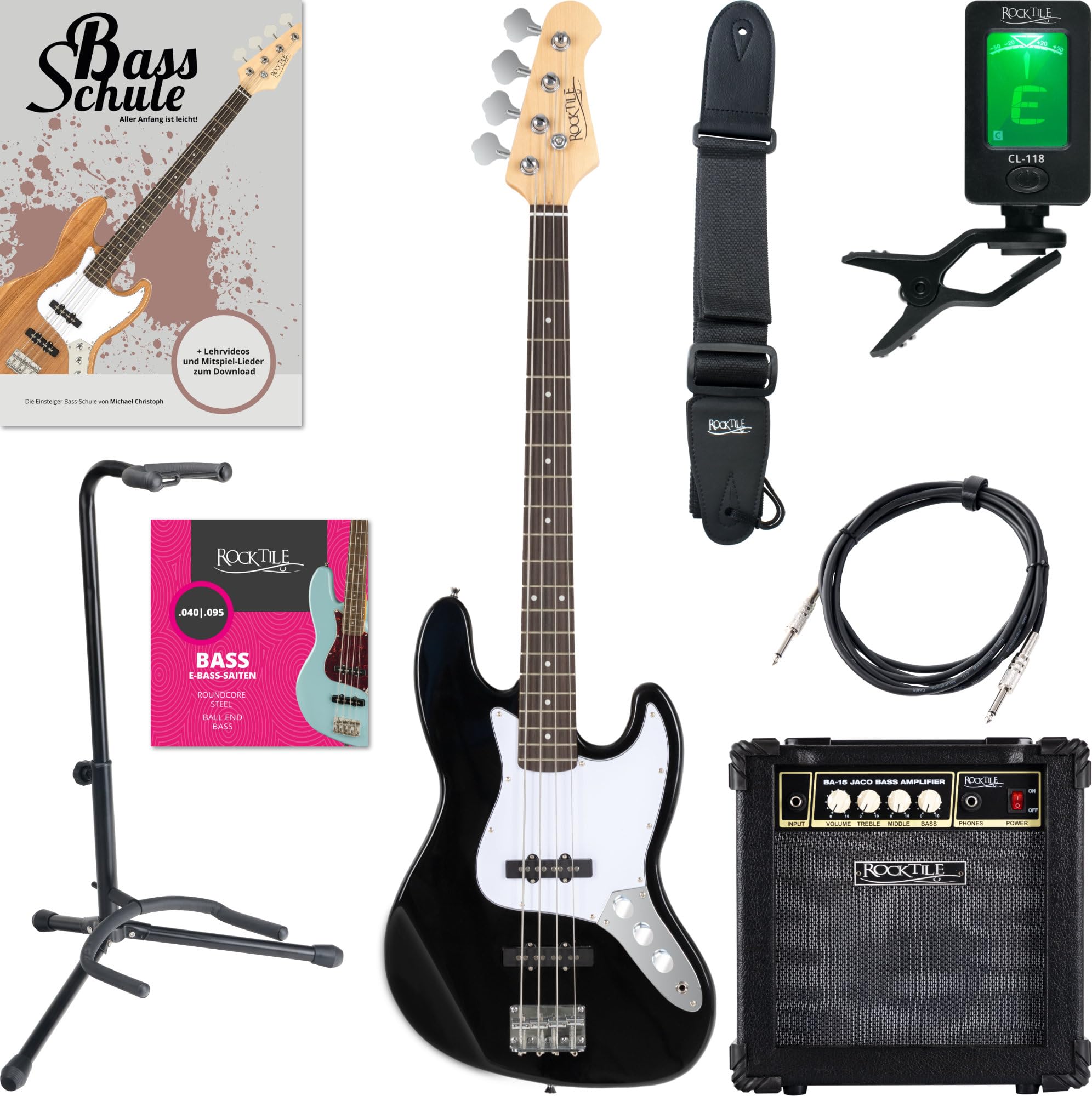 Rocktile Fatboy II E-Bass Set - E-Bass im Jazz-Style mit 2 Single-Coil Tonabnehmern - inkl. Gitarrengurt, Kabel & E-Bass Schule - Schwarz