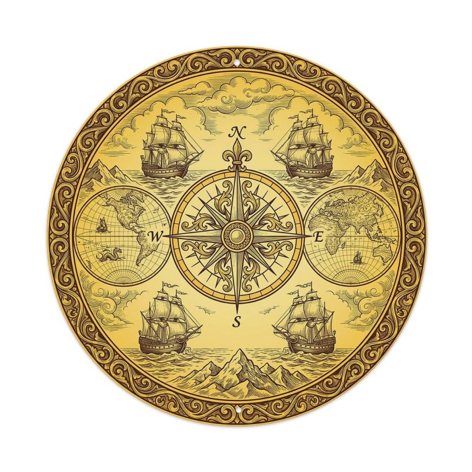 Vintage Nautical Compass World Map Retrospect Chronicle Metal Tin Sign