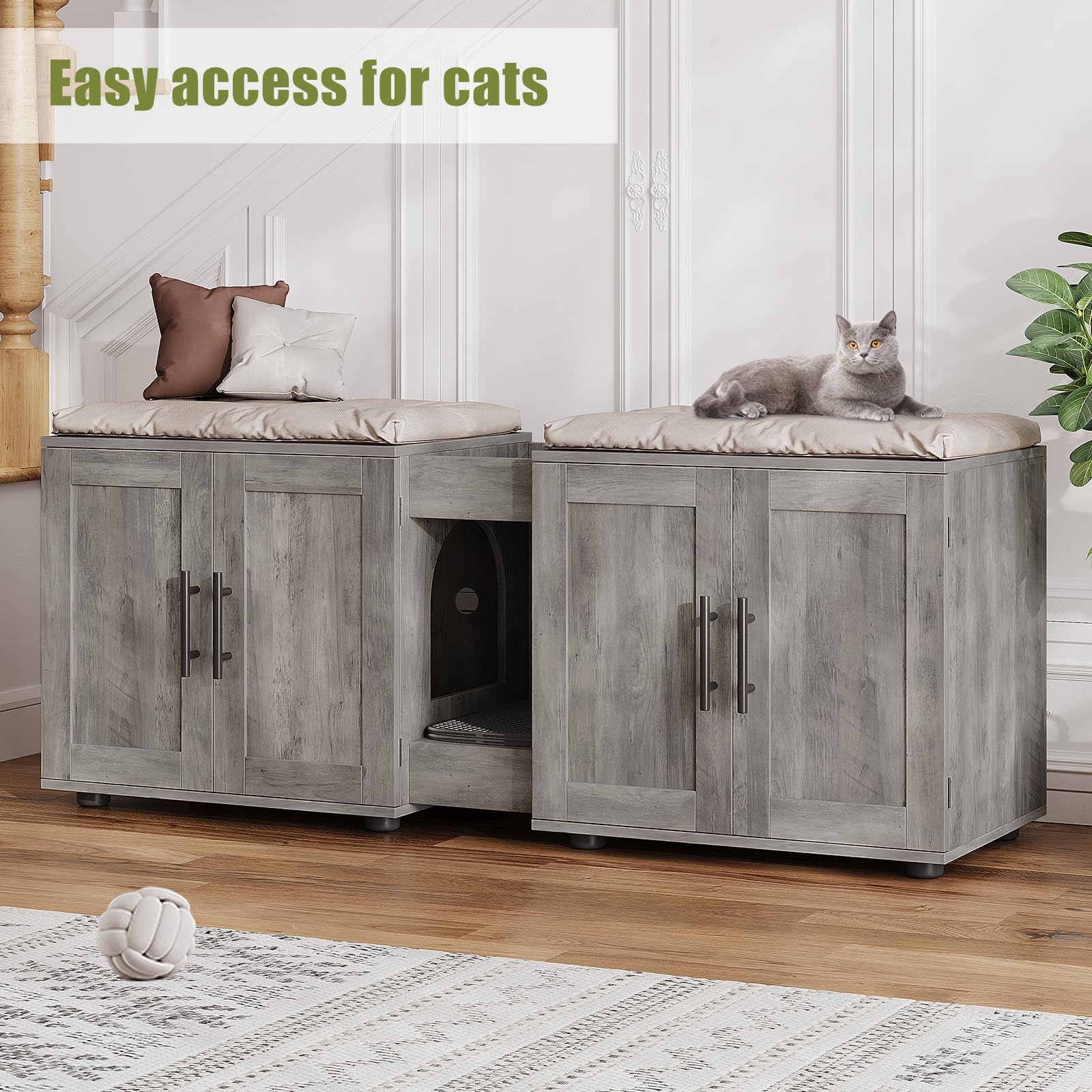 Meuble Litiere 2 Chat en Bois avec 4 Porte,Maison de Toilette Chat Caché avec Plan de Travail,Ouvert Rangement Casier,8 Aération,Armoire litière Entrée latérale pour Salon,Bain(140x55x45cm,Gris)