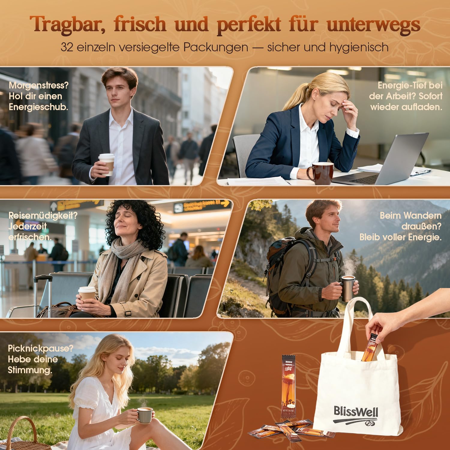 Pilzkaffee – Mushroom Coffee in 32 Einzeldosisbeuteln (192 g) | 7 Pilzextrakte + Ashwagandha, L-Theanin & Baldrian | 2250 mg Wirkstoffkomplex pro Portion (Schokolade)