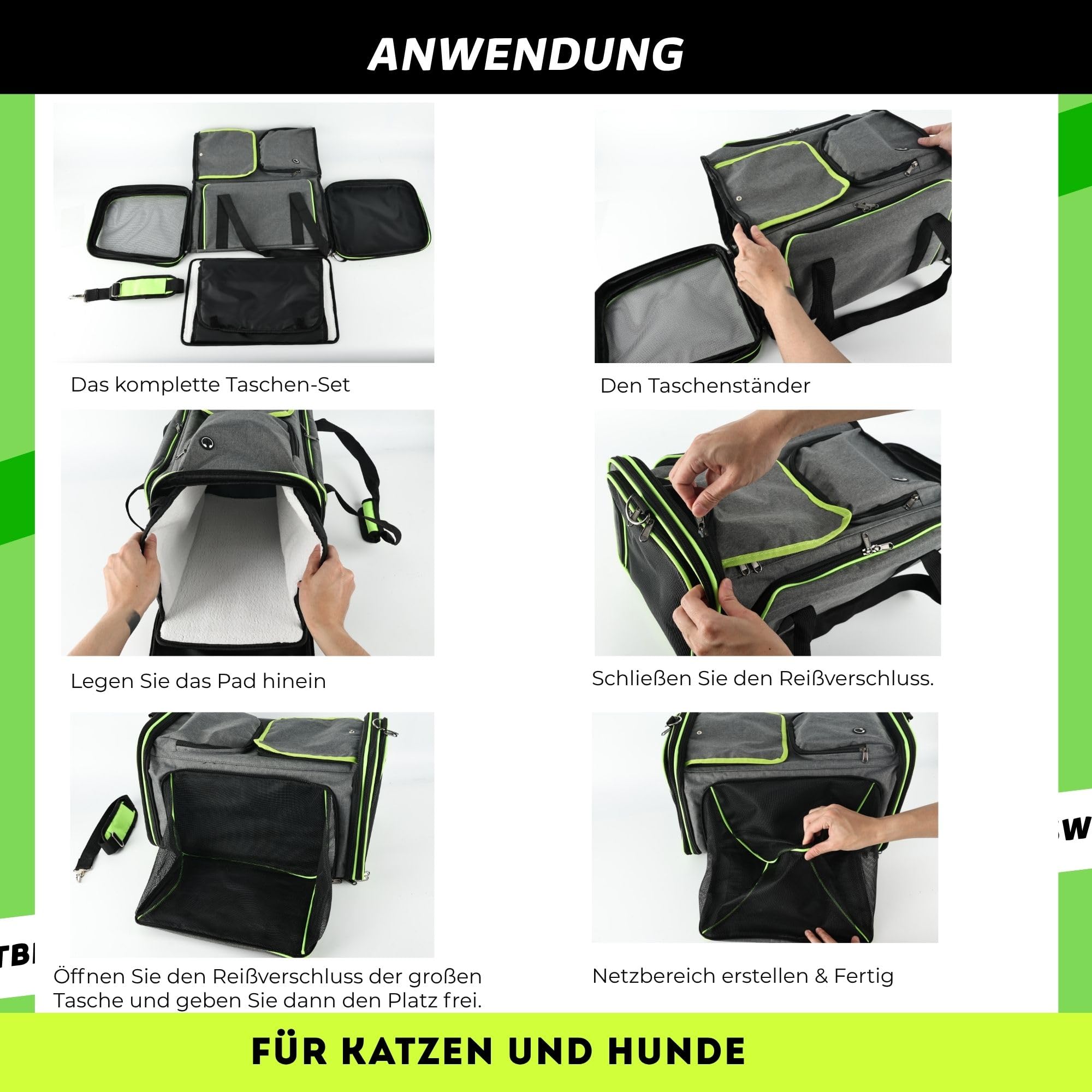 SOLDAY Erweiterbare Katzentransportbox für 2 Katzen, Flugtauglich, 8 kg | Faltbare Katzen Transportboxen, 2-seitige Erweiterung, Multi Eingänge, selbstsichernde Reißverschlüsse, 48x30x31cm, Grau-Grün