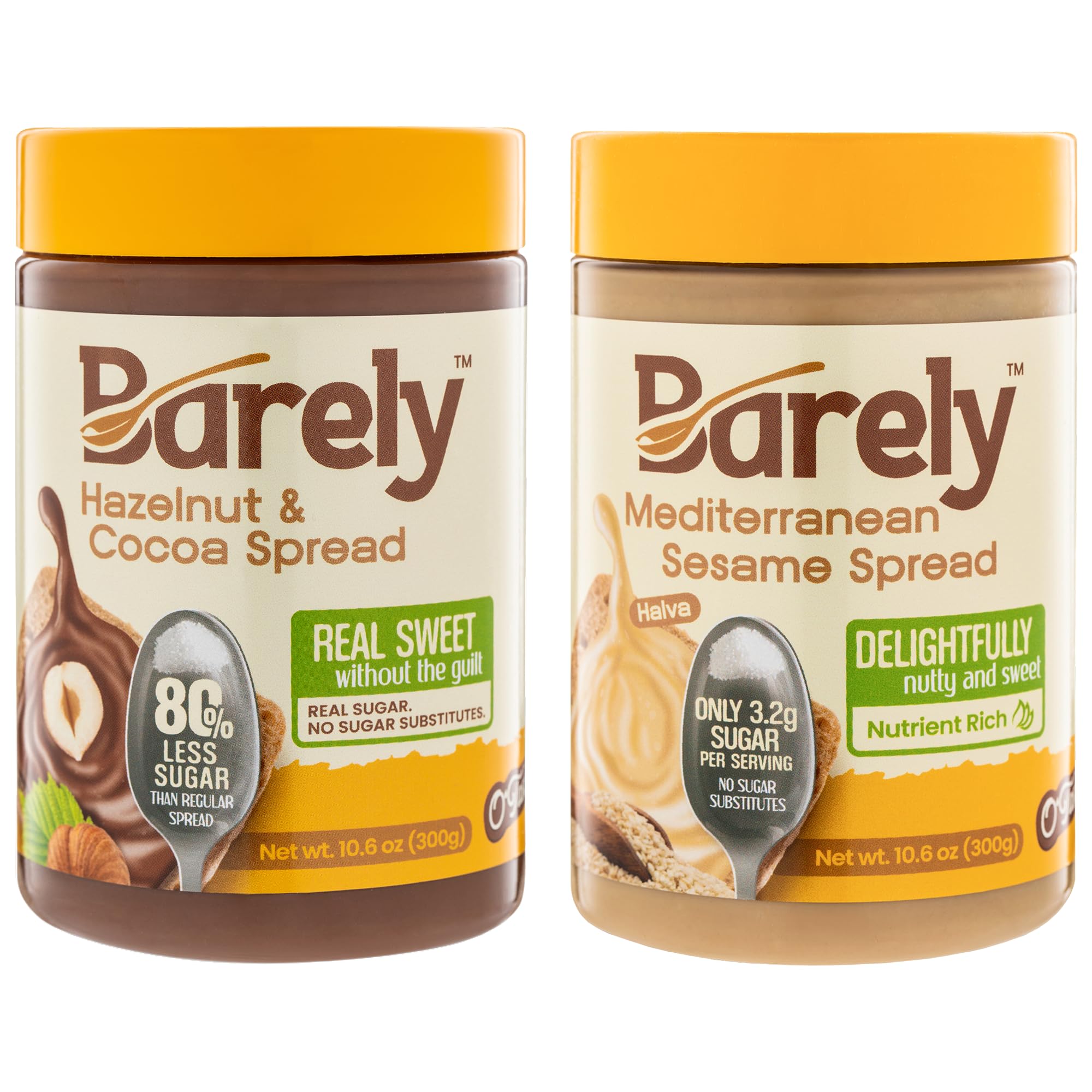 Hazelnut & Cocoa Spread, Sweet Mediterranean Sesame Spread, Variety Pack by Barely - Low Sugar & No Artificial Sweeteners, Vegan, Keto Friendly - 3.2 g Cane Sugar per Serving, 2-Pack