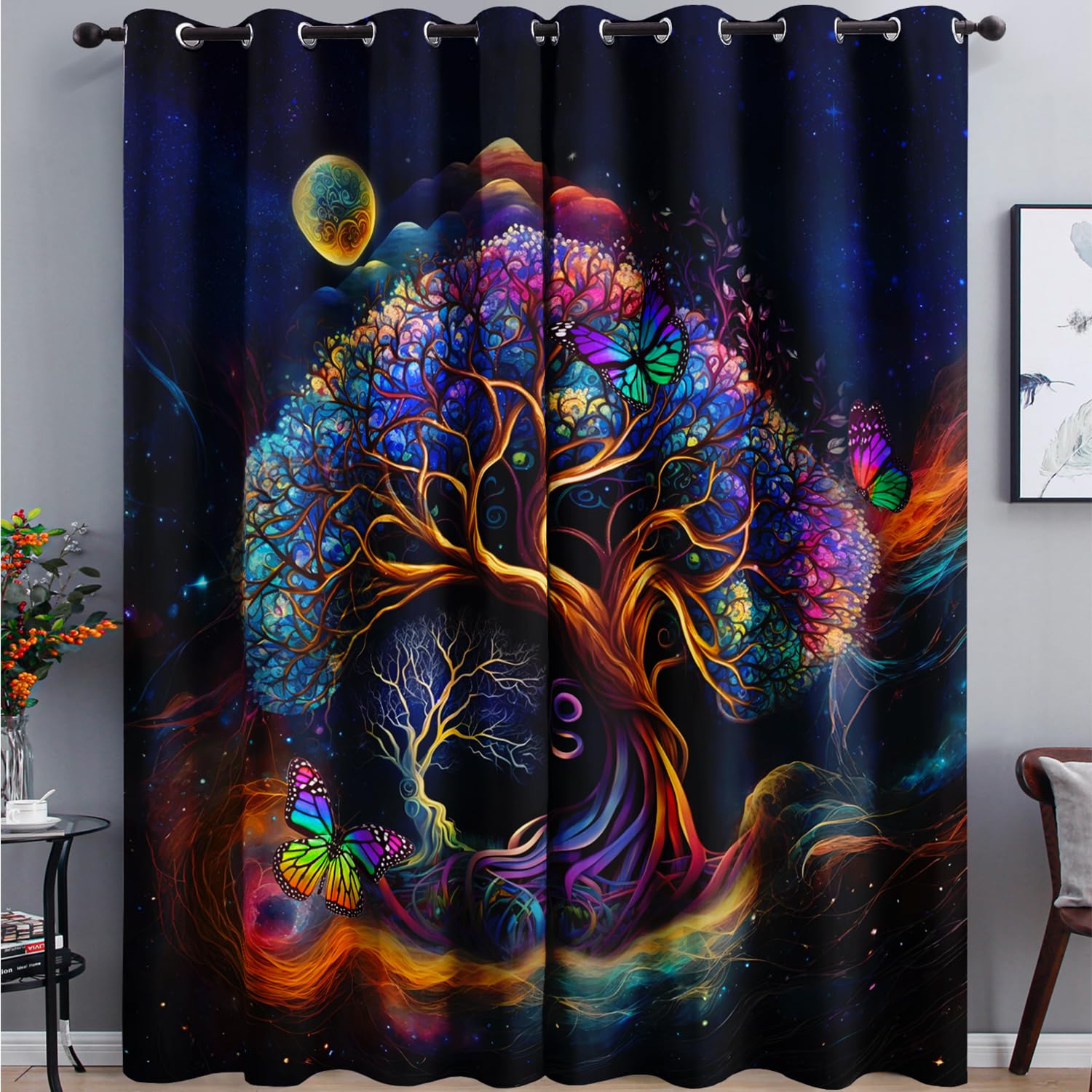 AILONEN Tree of Life Window Curtains,Colorful Boho Tree of Life Curtain for Bedroom Living Room,Butterfly Tree Starry Moon Print Window Drapes,2 Panels Set, 52