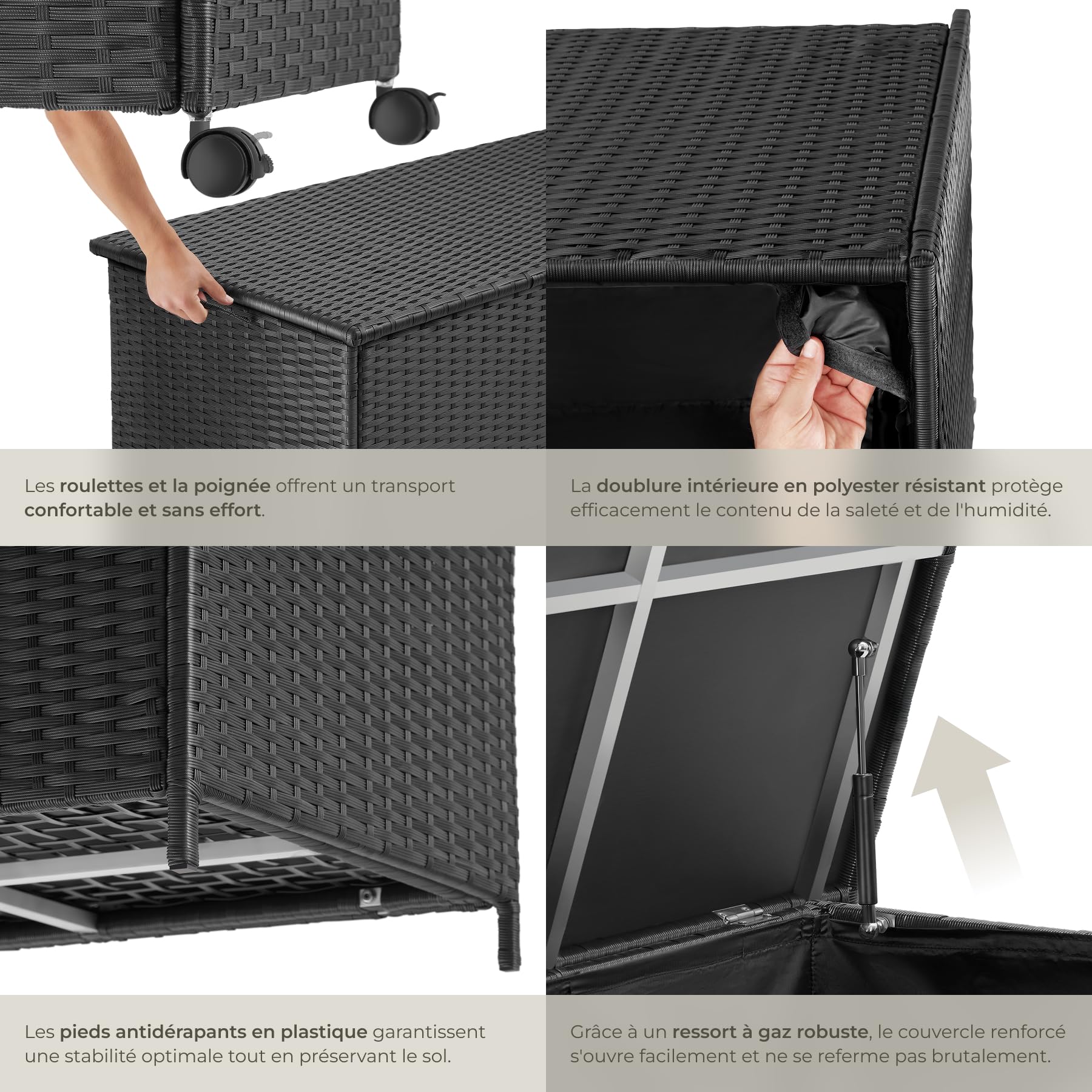 tectake® Coffre de jardin Exterieur, Coffre à Coussins 297 L en Aluminium Polyrotin 117 x 54 x 64 cm avec Roulettes, Couvercle Rabattable, Poignées pour Rangement des Outils de Jardin, Matelas, Jouets - 5