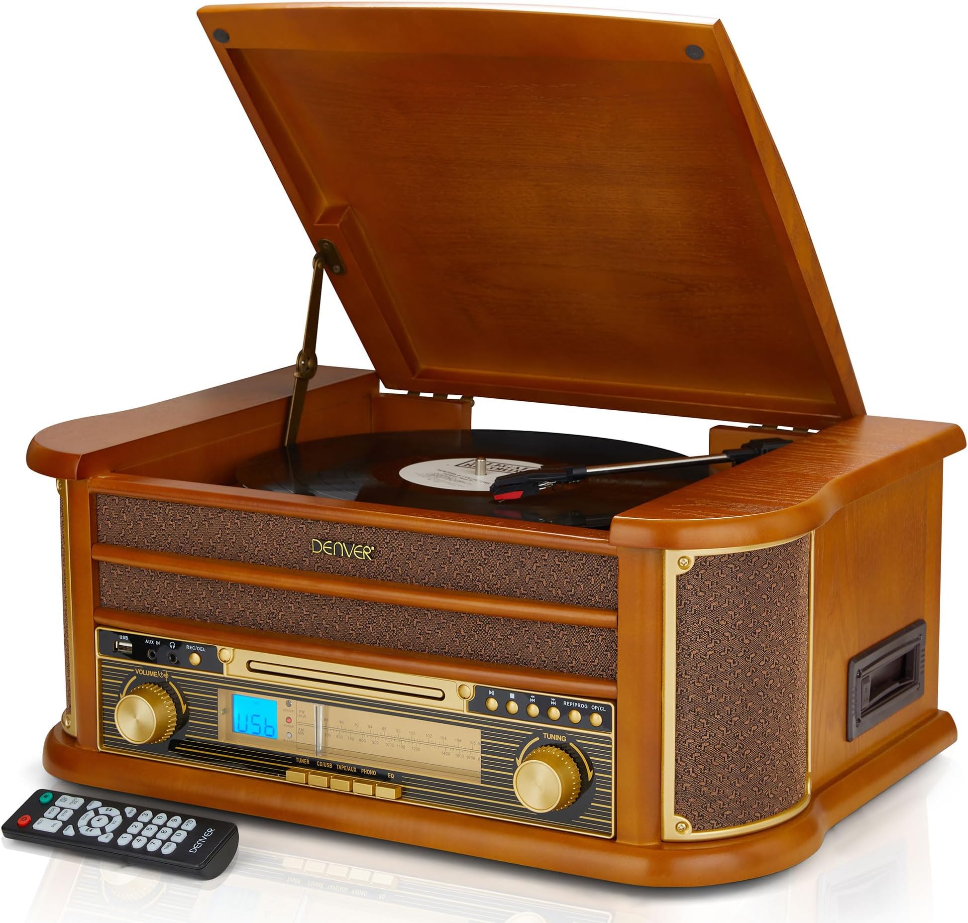Denver 9-in-1 CD Bluetooth Cassette Player Retro Wooden Record Player HiFi System – 3 Speed Vinyl Turntable & Cassette With CD Player, FM/AM Radio, MP3 USB Recording, AUX IN And Line Out – MCR-50BT