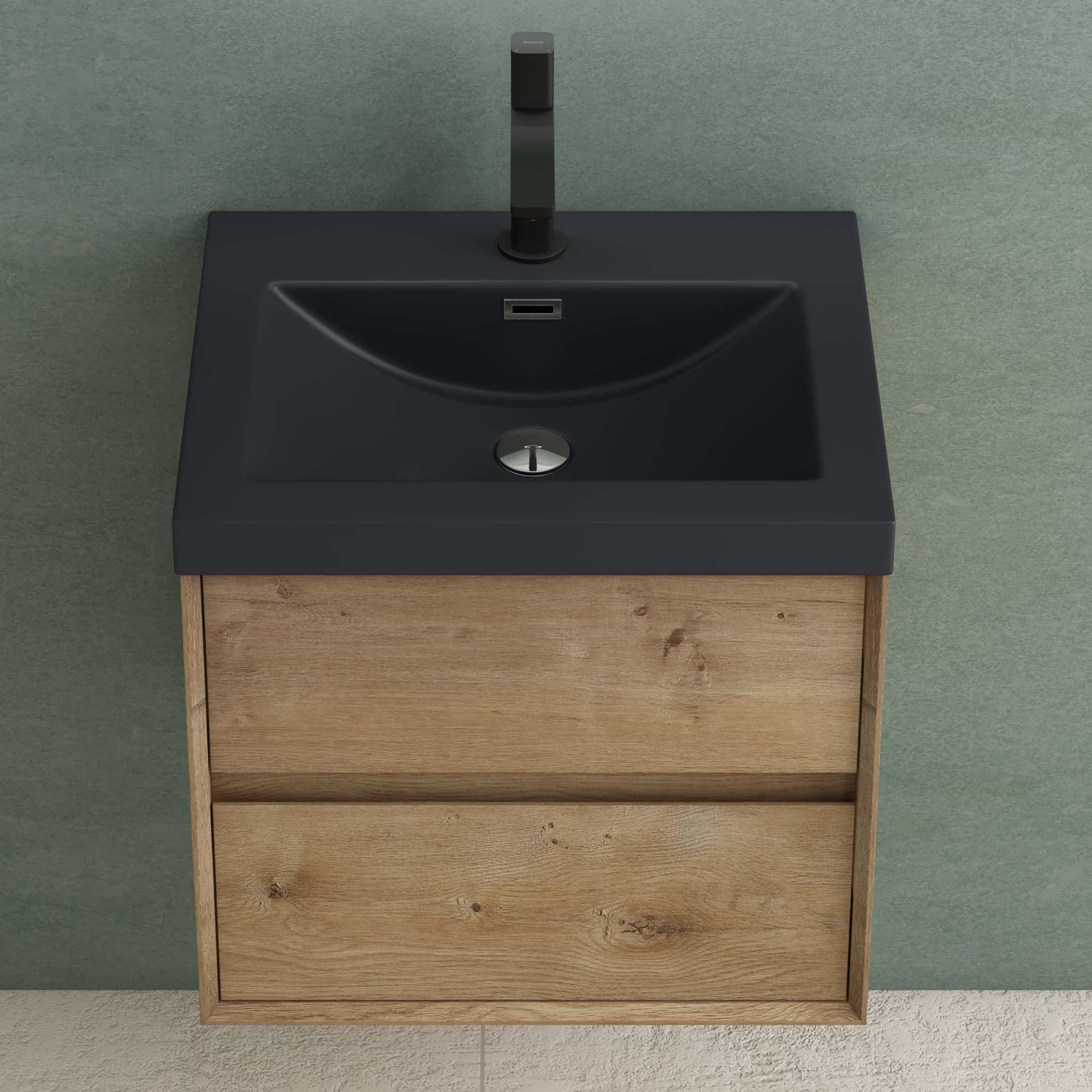 Mai & Mai Badmöbelset Waschbeckenunterschrank inkl. Waschbecken | Badezimmermöbel , 2 Schubladen mit Soft-Close, Anthrazit, aus Mineralguss Kerneiche 60 cm Rimo