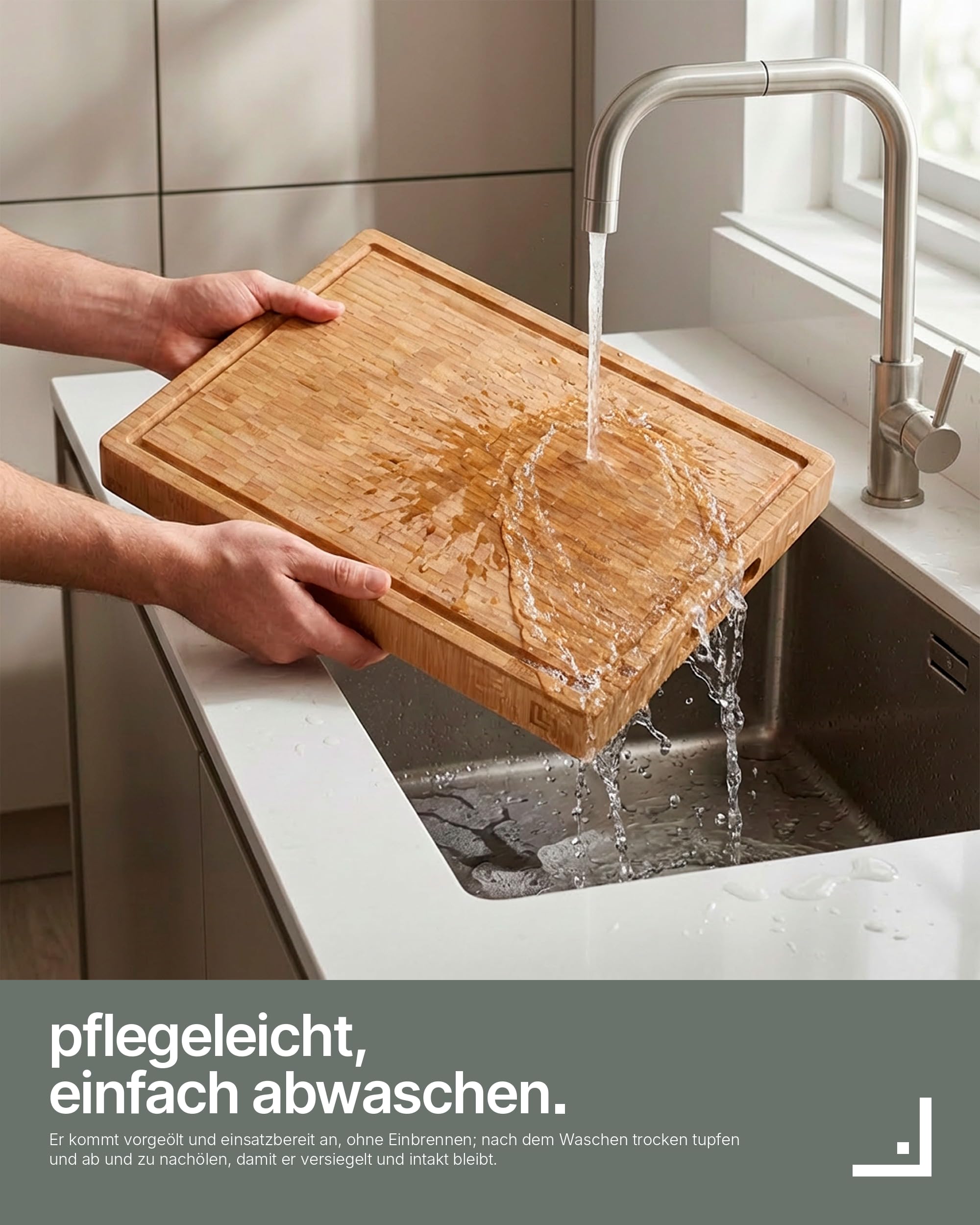LARHN Stirnholz Hackblock Bambus massiv - 40x30x4 cm - Schneidebrett Holz | Messerschonend, Saftrille, Griff, vorgeölt, wendbar, plastikfrei, für Fleisch, Gemüse, Brot, Käse & Wurst