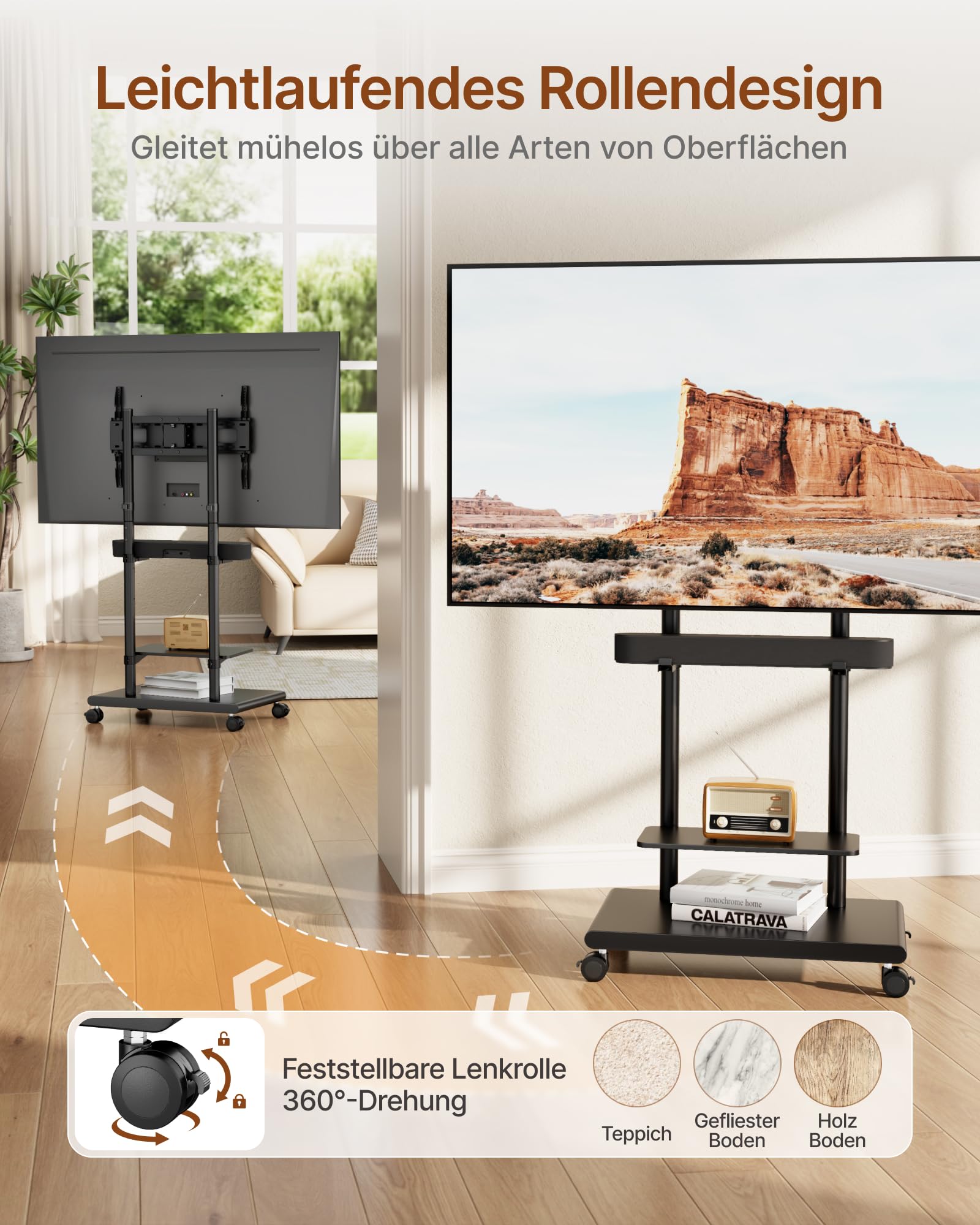 TV Ständer Rollbar mit Soundbar Halterung für 37-75 Zoll bis 70kg | Max VESA 600x400mm, Höhenverstellbar, Schwenkbar Neigbar, Stahl Fernseh Ständer mit Rollen, Stabile Doppelsäule & Ablage