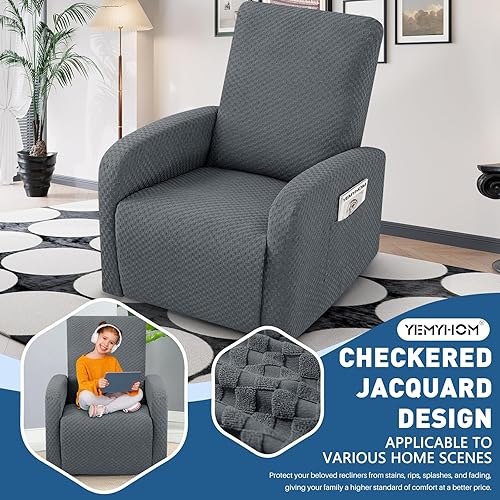 Vista 21 de YEMYHOM Funda elástica de 4 piezas para silla reclinable de jacquard con bolsillo lateral, antideslizante, ajustable, protector de muebles con parte