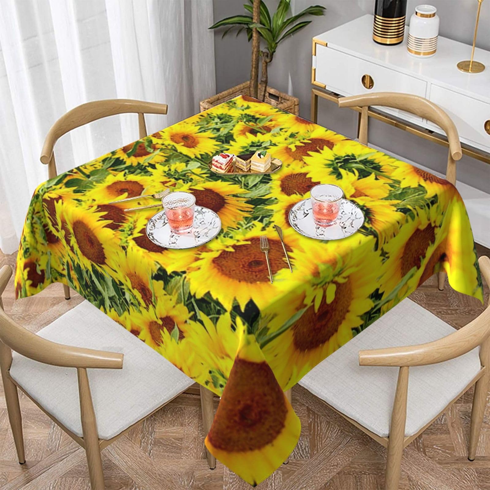 DCEHGEW Many Sunflowers Prints Square Tablecloth 137x137 CM, Waterproof Fabric Table Cloth for Dining Table, Farmhouse Table Cover for Kitchen Dining Tabletop Decoration