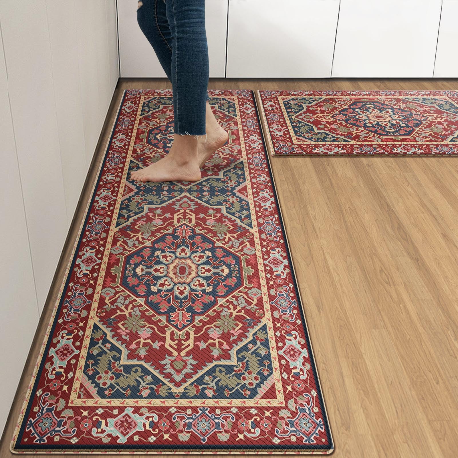 Arttown Boho Anti-Fatigue Kitchen Rug Set of 2 Ethnic Red Cushioned Floor Standing Mat Waterproof Non-Slip Mat and PVC Ergonomic Comfort Foam Rug