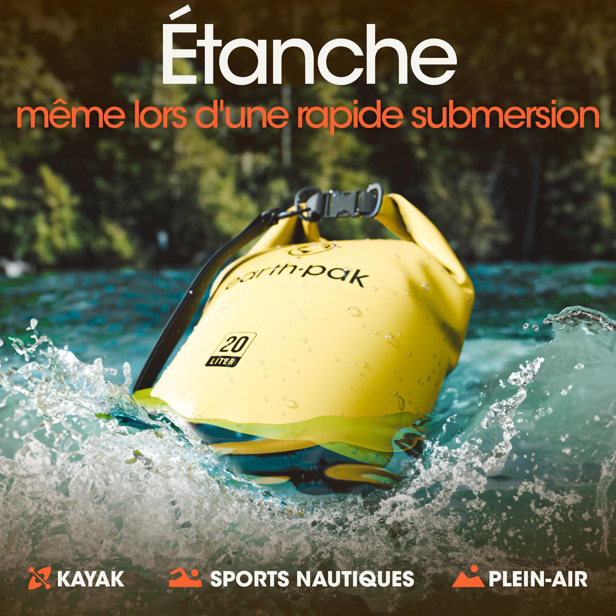 Sac Étanche 30L - Kayak Bateau Canoë Pêche Rafting Natation - Dry Bag | PVC 500D imperméable, coutures thermosoudées pour garder vos affaires au sec. Disponible en 30L, coloris Jaune.