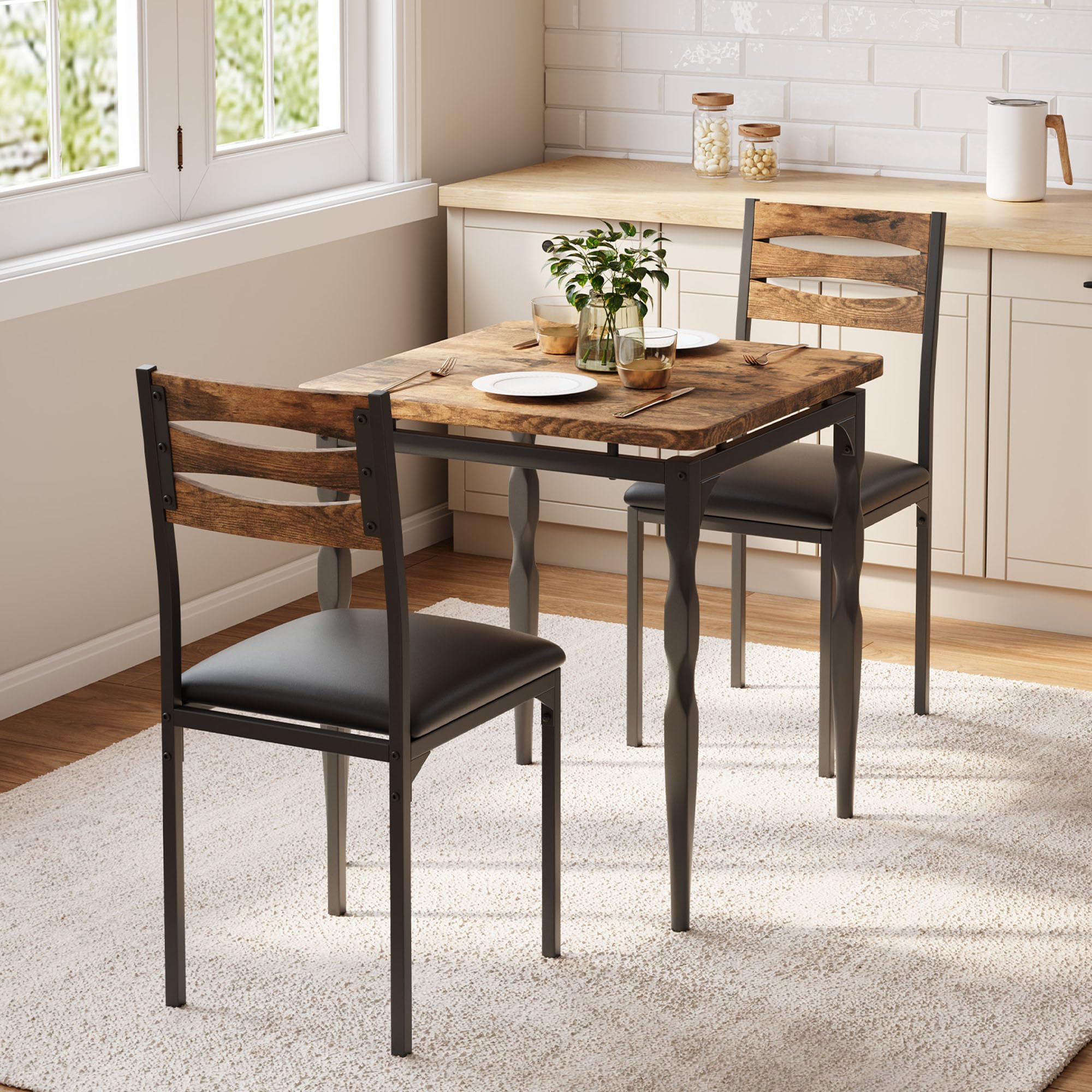 GarveeHome Dining Table Set for 2, Dining Table and Chairs Set of 2, 3 Piece Dining Table Set with Spiral Table Legs for Small Spaces, Kitchen,