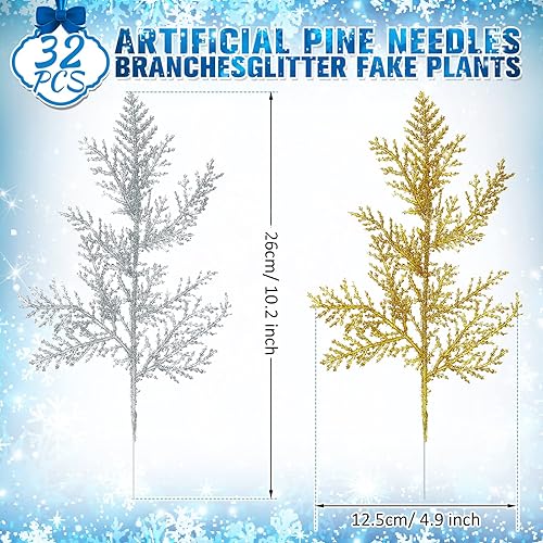 Miniatura 2 de Waydress 32 agujas de pino artificiales de Navidad, ramas con purpurina, hojas, ramitas de pino pequeñas, flores de Navidad, para arreglos verdes,