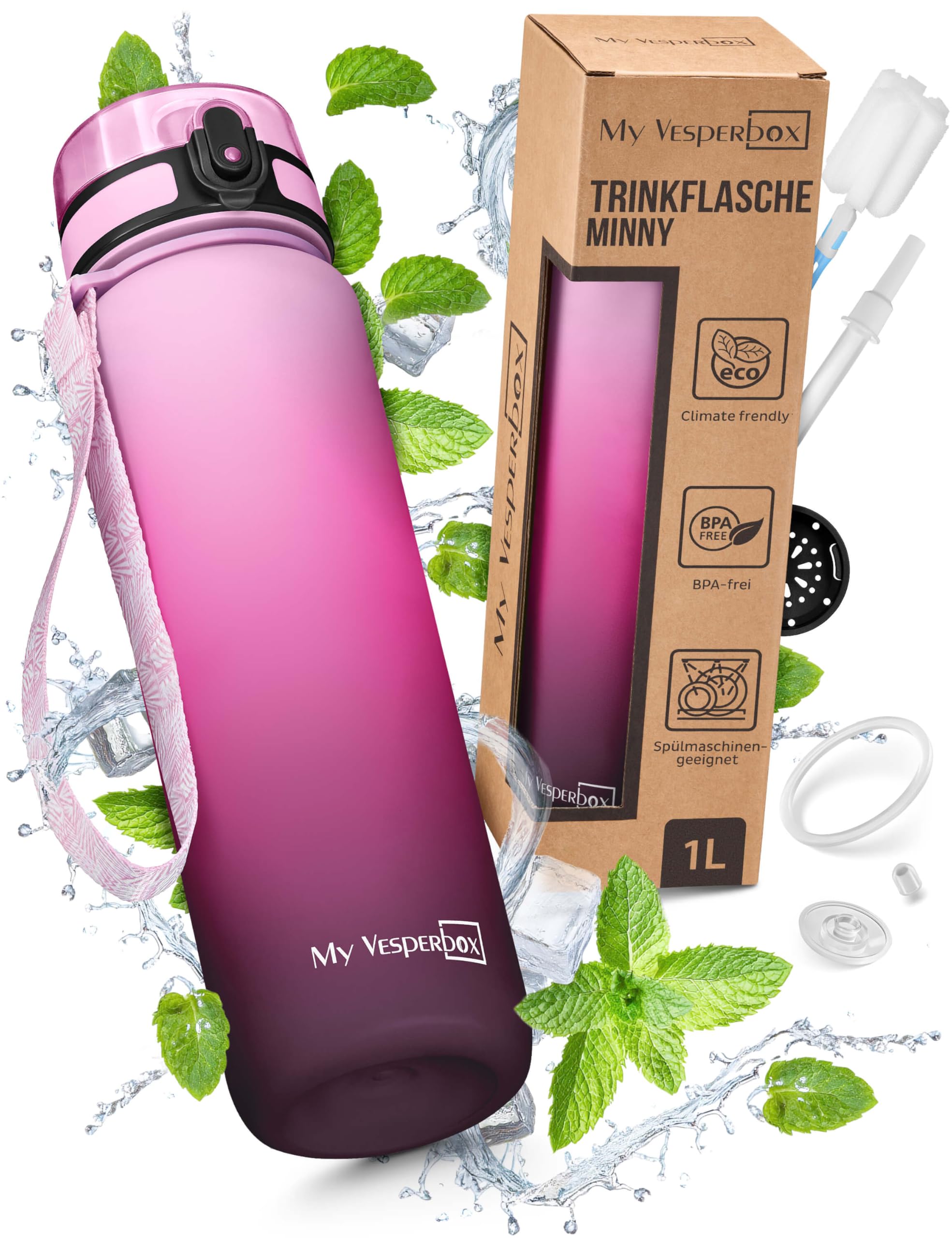 My Vesperbox® Trinkflasche Kinder [1000ML] - Wasserflasche Kohlensäure Geeignet & Auslaufsicher - Water Bottle Kids - für Schule & Sport - Kinderflasche für Mädchen & Jungen - inkl. Ersatzdichtung