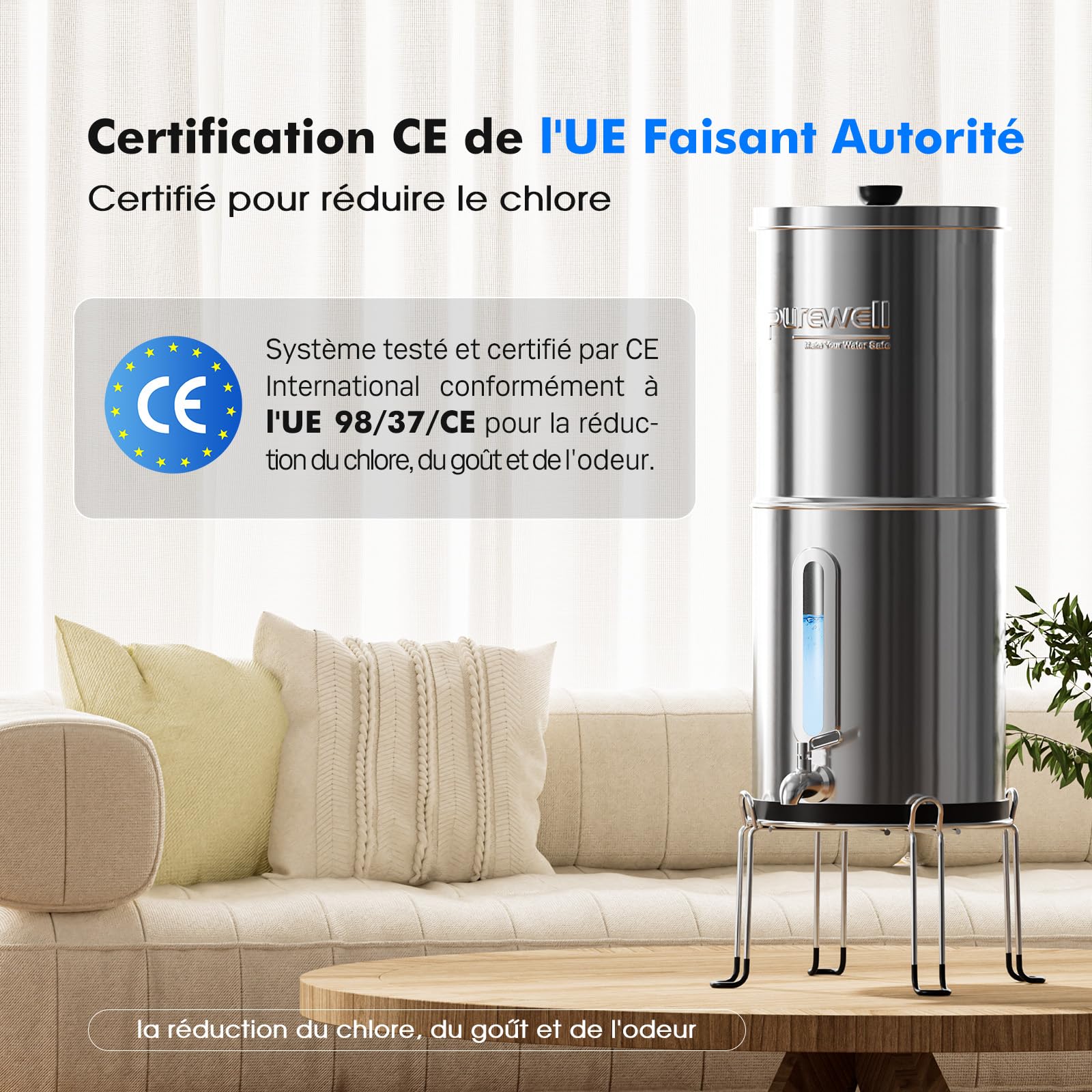 Purewell Filtre à Eau par Gravité 8,5L - Système de Filtration Familial avec Charbon Actif - Purificateur d'Eau pour Robinet et Eau de Pluie - Technologie Ultrafiltration - Grande Capacité